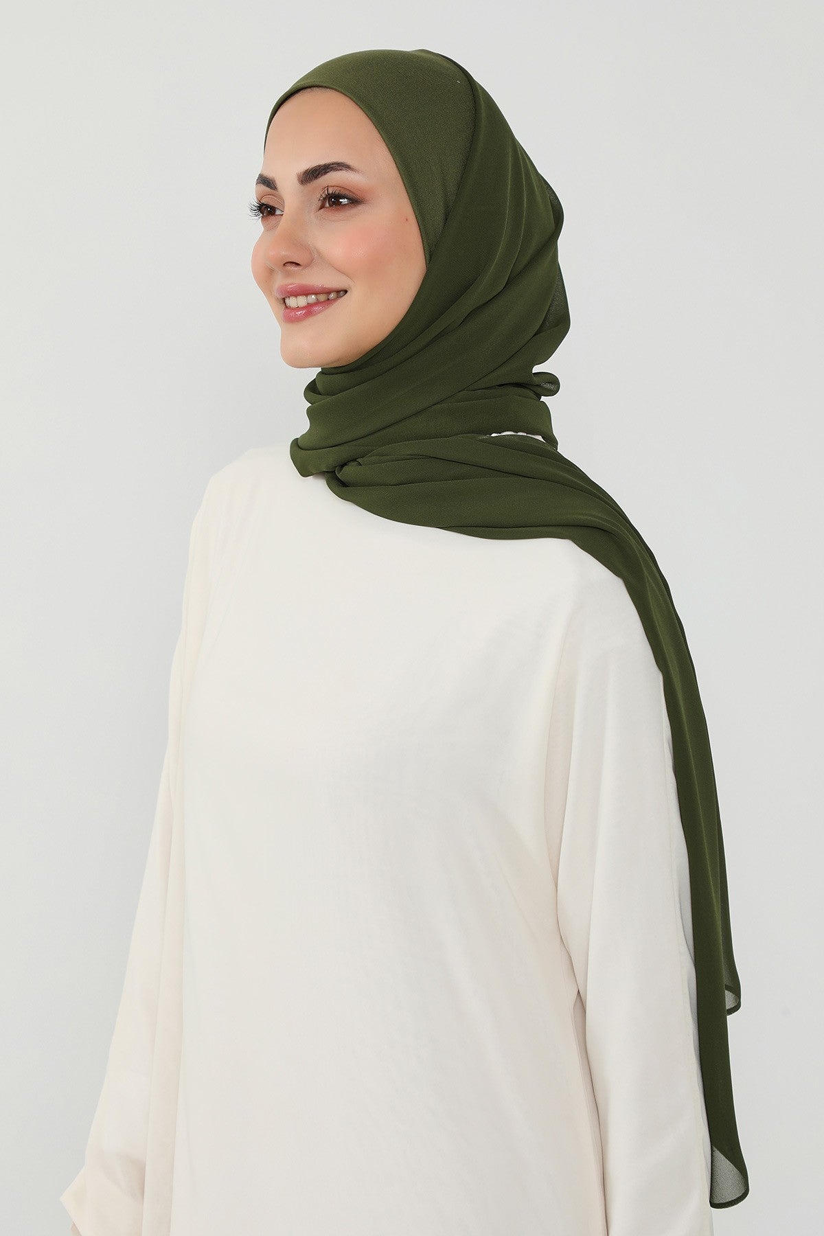Ready to Wear One-Piece Chiffon Shawl Hijab with Built-In Cotton Undercap, Easy Modest Scarf for Women,PS-53 Army Green