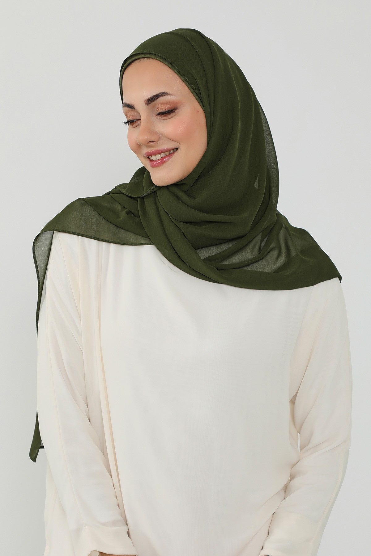 Ready to Wear One-Piece Chiffon Shawl Hijab with Built-In Cotton Undercap, Easy Modest Scarf for Women,PS-53 Army Green