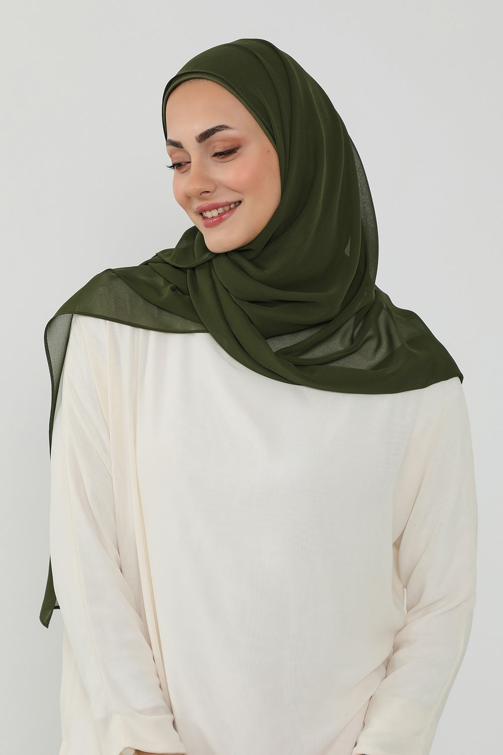 Ready to Wear One-Piece Chiffon Shawl Hijab with Built-In Cotton Undercap, Easy Modest Scarf for Women,PS-53 Army Green