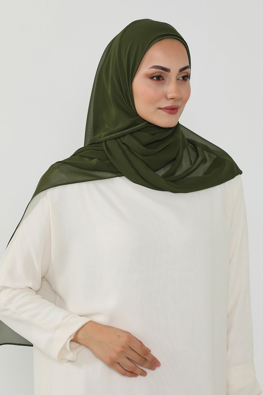 Ready to Wear One-Piece Chiffon Shawl Hijab with Built-In Cotton Undercap, Easy Modest Scarf for Women,PS-53 Army Green