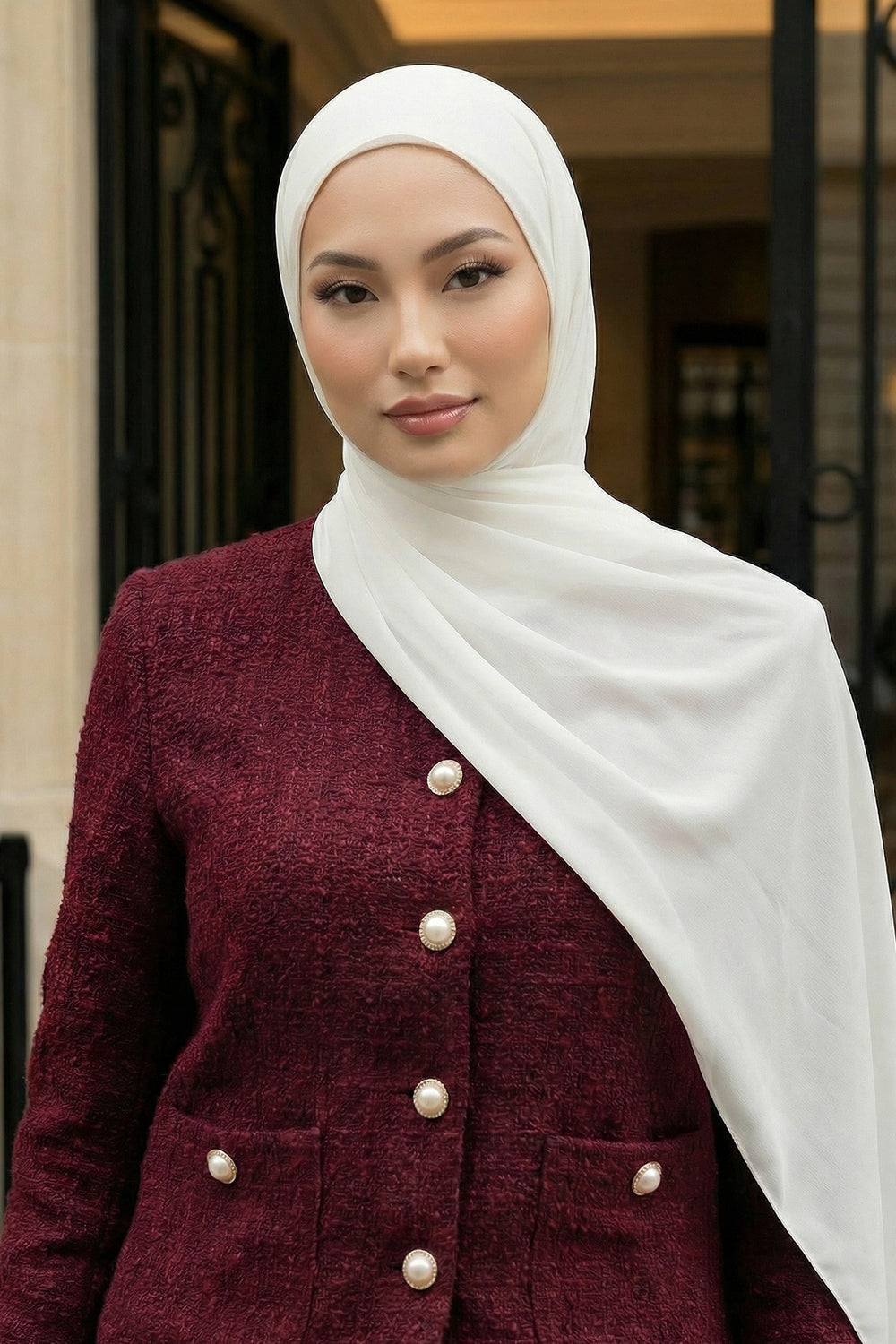 Ready to Wear One-Piece Chiffon Shawl Hijab with Built-In Cotton Undercap, Easy Modest Scarf for Women,PS-53 Ivory