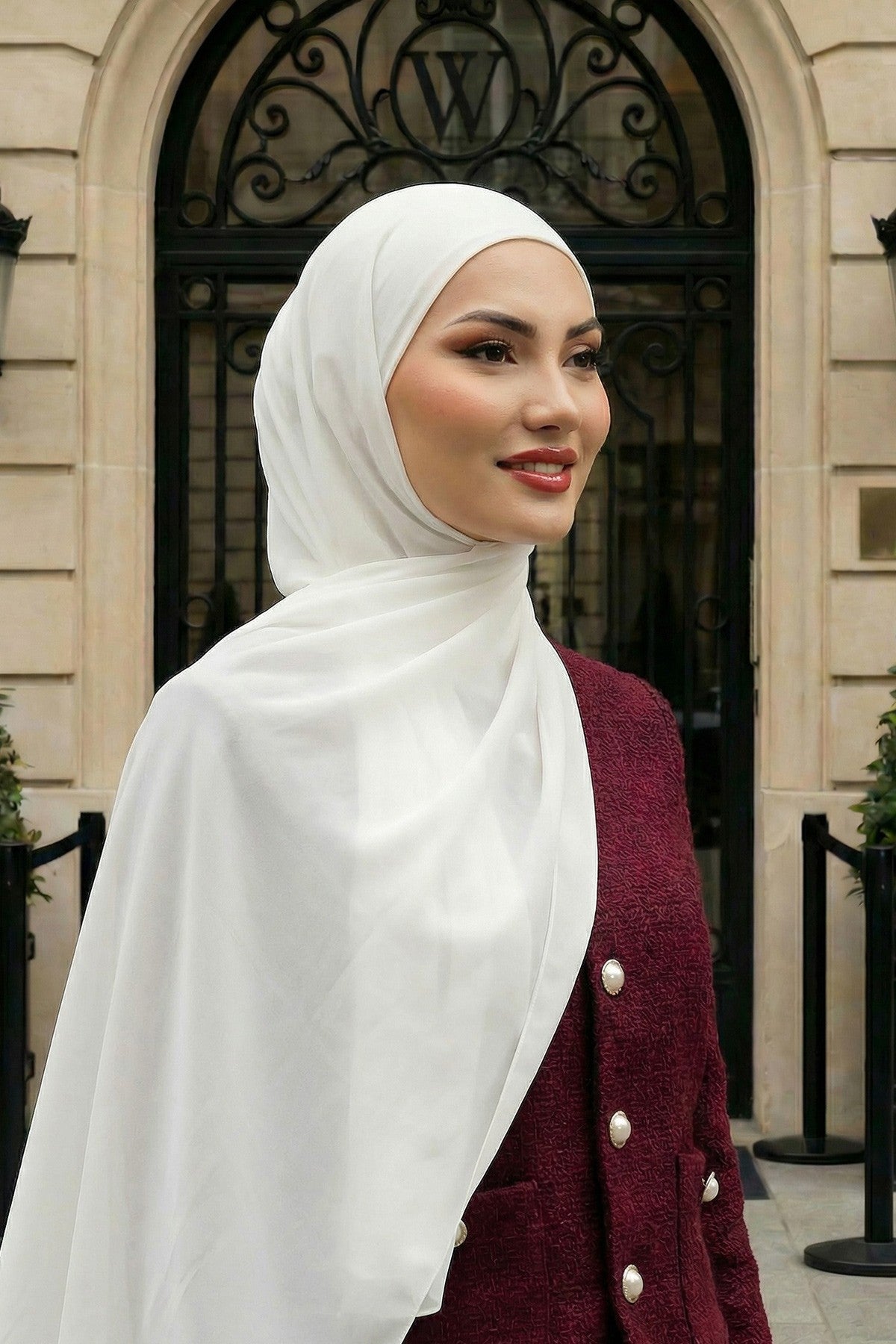 Ready to Wear One-Piece Chiffon Shawl Hijab with Built-In Cotton Undercap, Easy Modest Scarf for Women,PS-53 Ivory