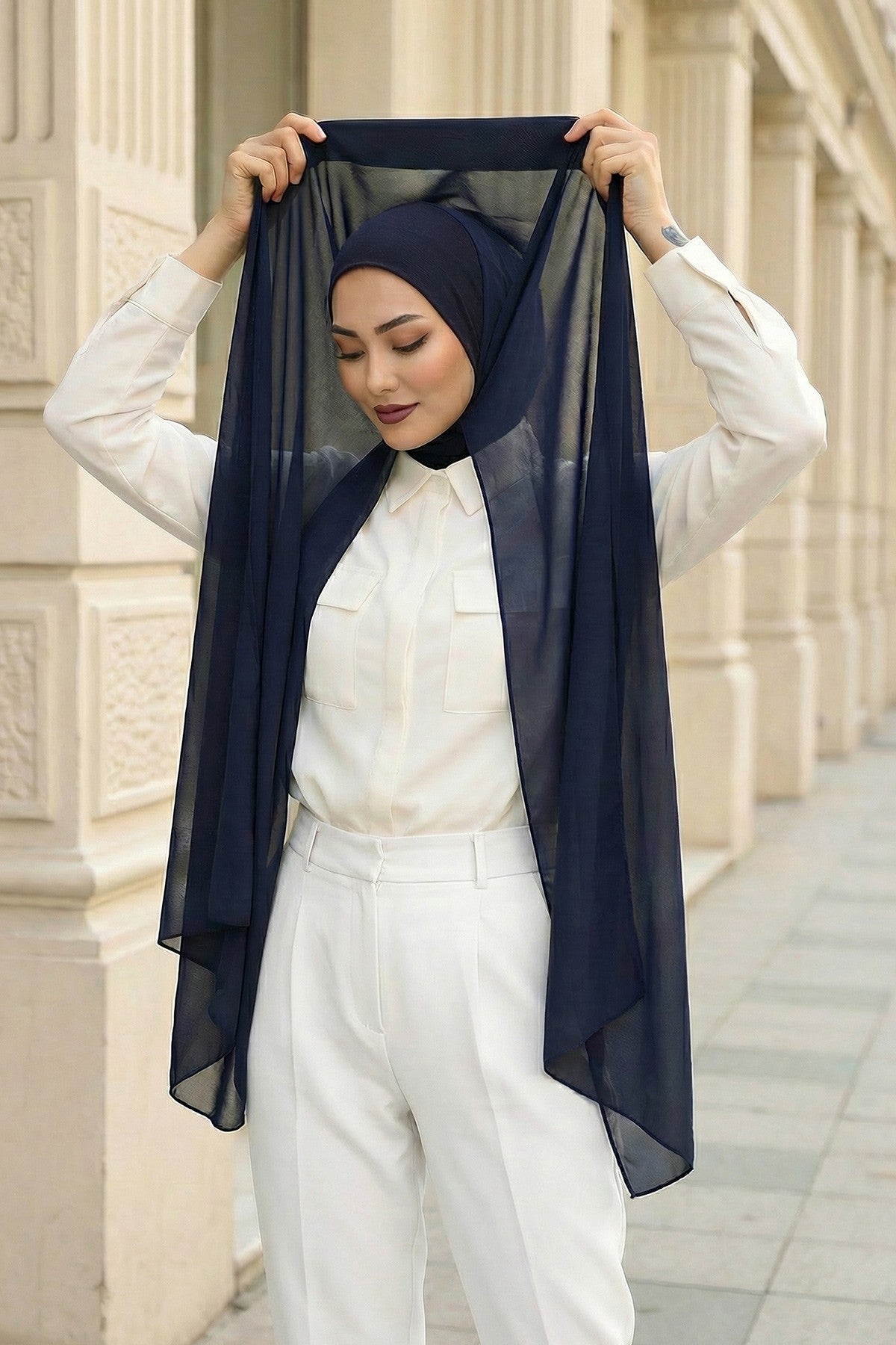 Ready to Wear One-Piece Chiffon Shawl Hijab with Built-In Cotton Undercap, Easy Modest Scarf for Women,PS-53 Navy Blue