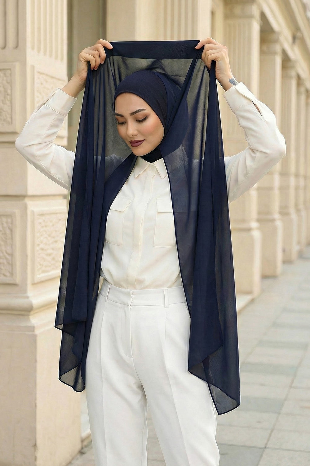 Ready to Wear One-Piece Chiffon Shawl Hijab with Built-In Cotton Undercap, Easy Modest Scarf for Women,PS-53 Navy Blue