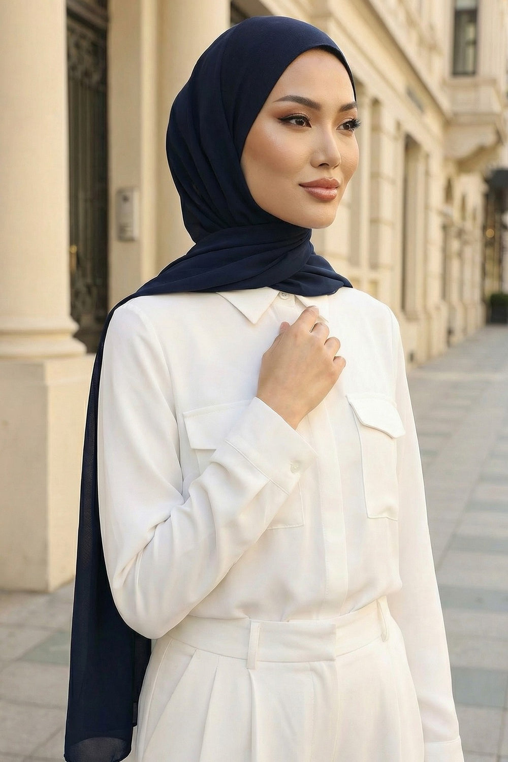 Ready to Wear One-Piece Chiffon Shawl Hijab with Built-In Cotton Undercap, Easy Modest Scarf for Women,PS-53 Navy Blue