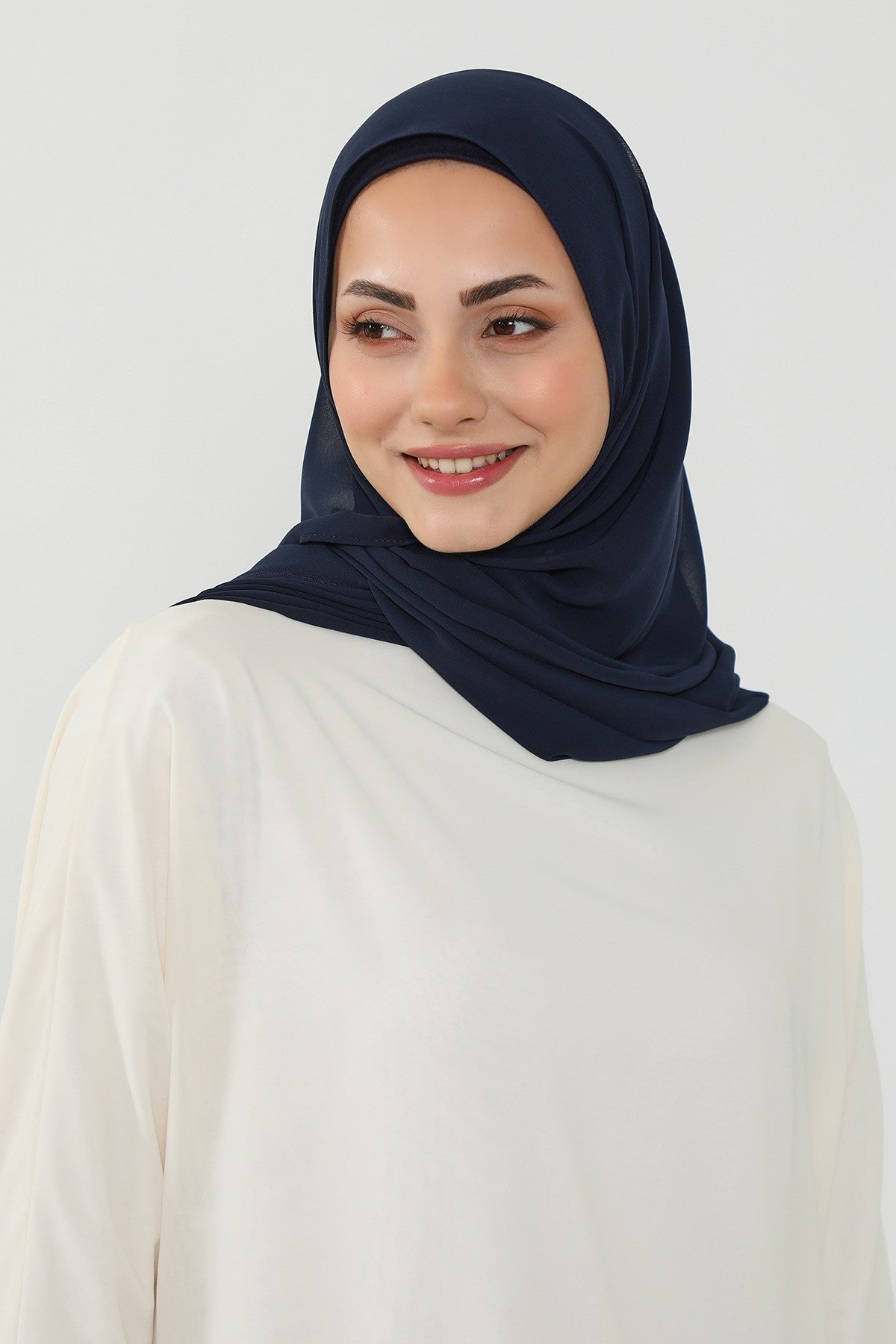 Ready to Wear One-Piece Chiffon Shawl Hijab with Built-In Cotton Undercap, Easy Modest Scarf for Women,PS-53 Navy Blue