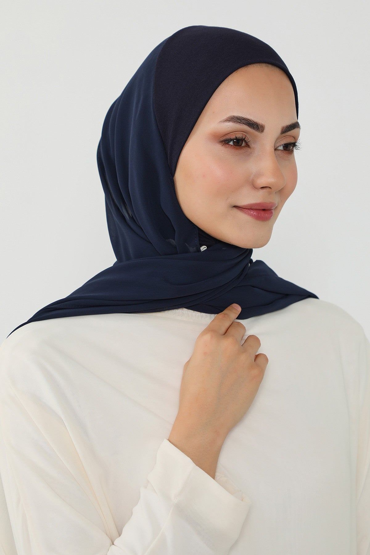Ready to Wear One-Piece Chiffon Shawl Hijab with Built-In Cotton Undercap, Easy Modest Scarf for Women,PS-53 Navy Blue