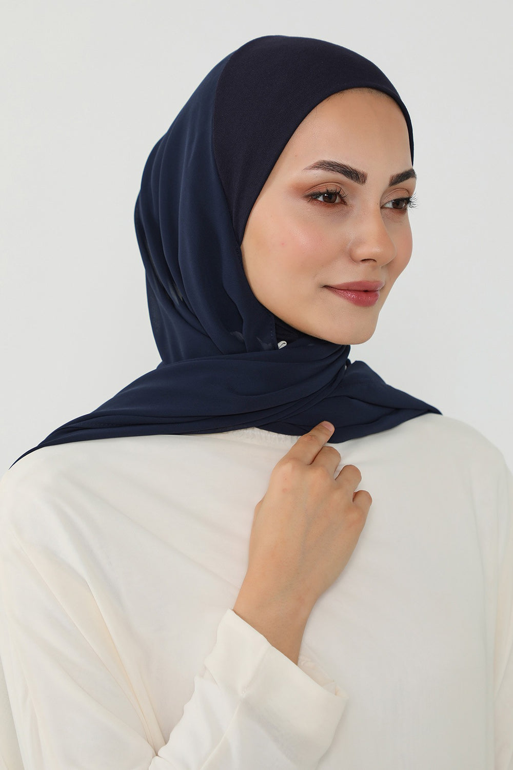 Ready to Wear One-Piece Chiffon Shawl Hijab with Built-In Cotton Undercap, Easy Modest Scarf for Women,PS-53 Navy Blue