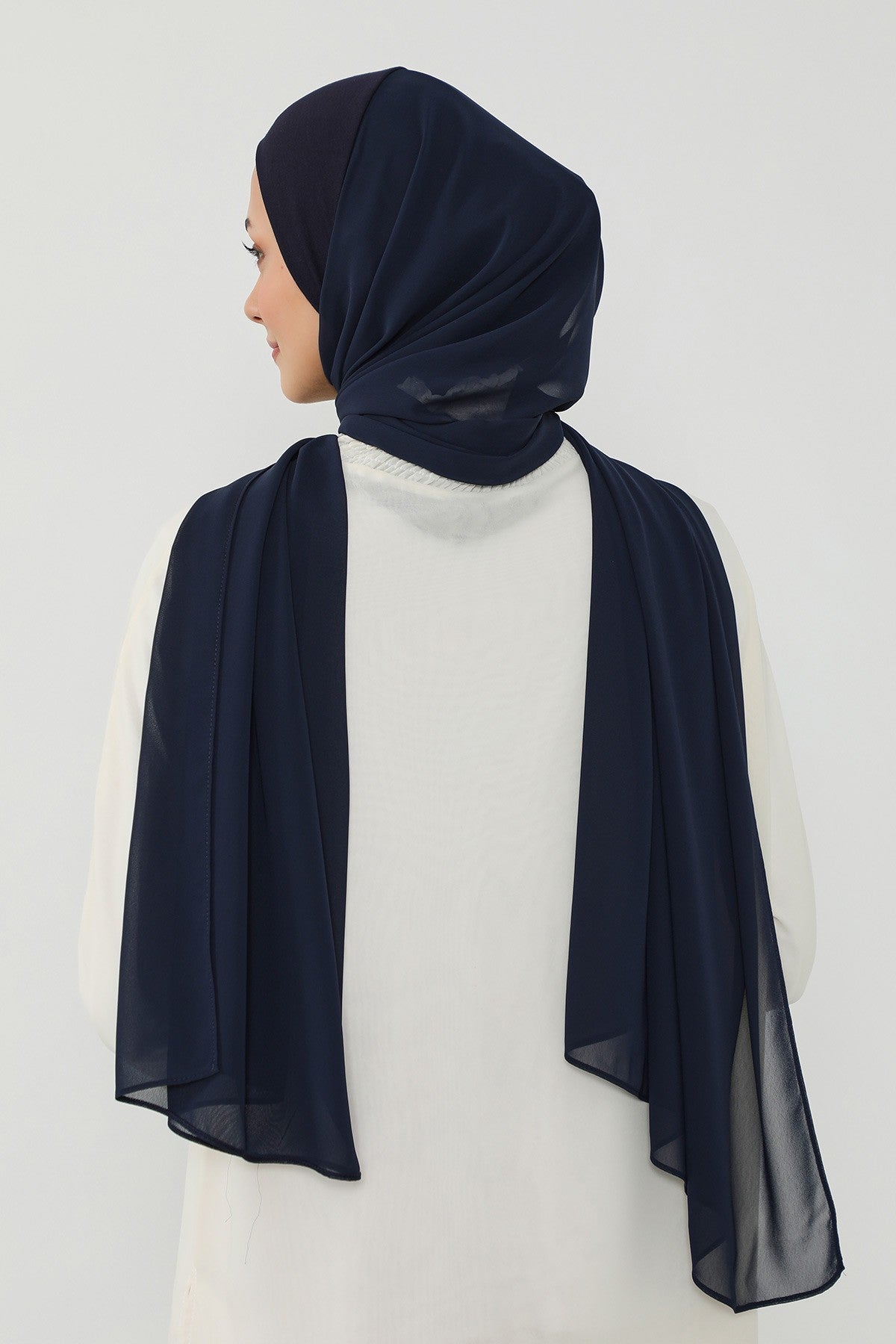 Ready to Wear One-Piece Chiffon Shawl Hijab with Built-In Cotton Undercap, Easy Modest Scarf for Women,PS-53 Navy Blue
