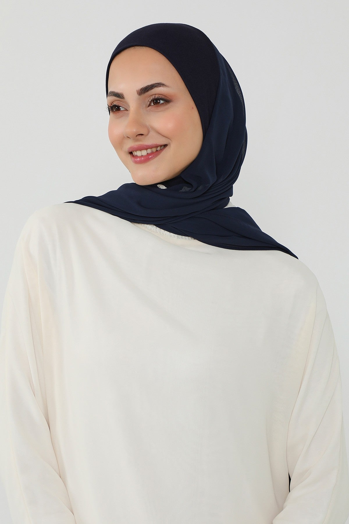 Ready to Wear One-Piece Chiffon Shawl Hijab with Built-In Cotton Undercap, Easy Modest Scarf for Women,PS-53 Navy Blue