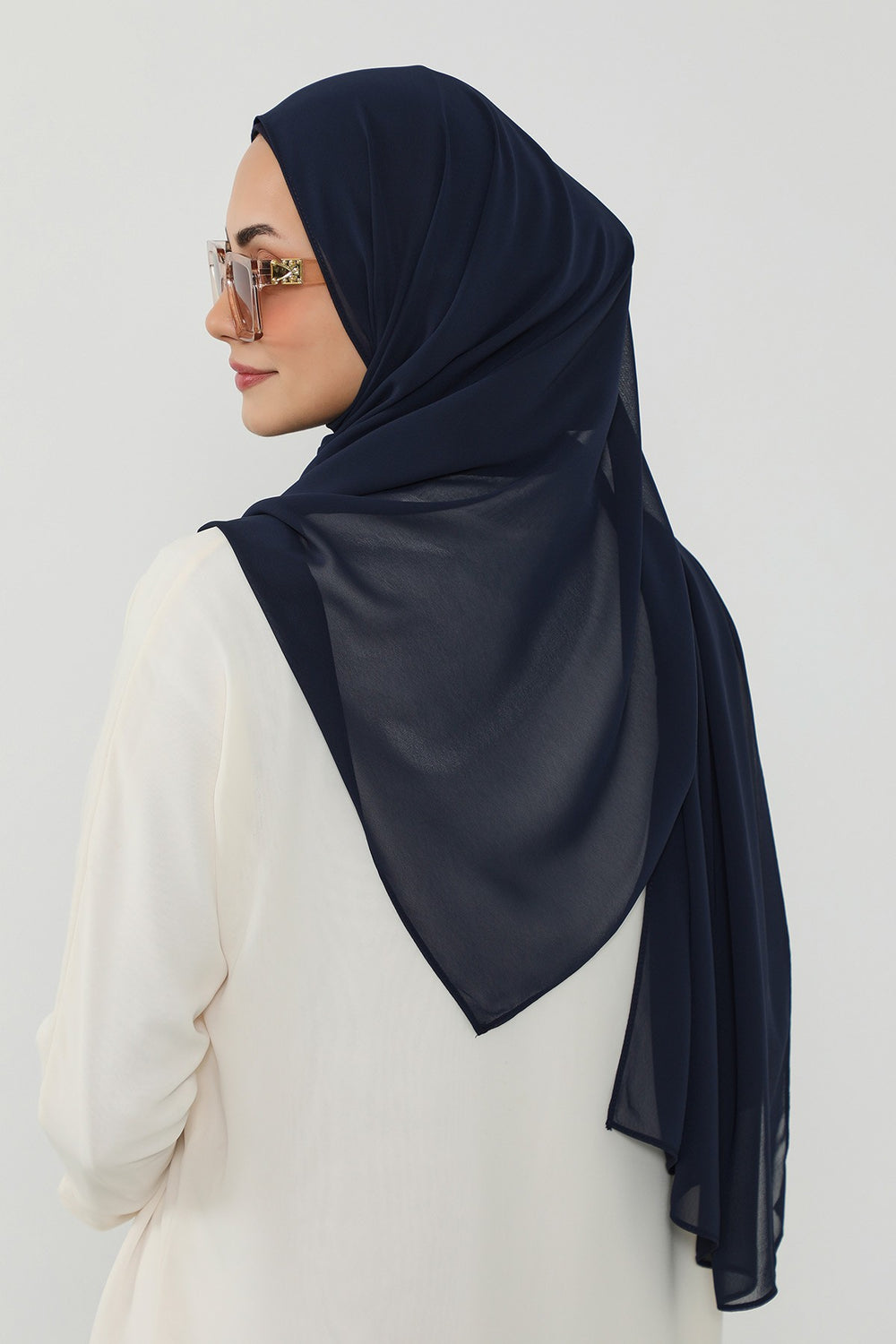 Ready to Wear One-Piece Chiffon Shawl Hijab with Built-In Cotton Undercap, Easy Modest Scarf for Women,PS-53 Navy Blue