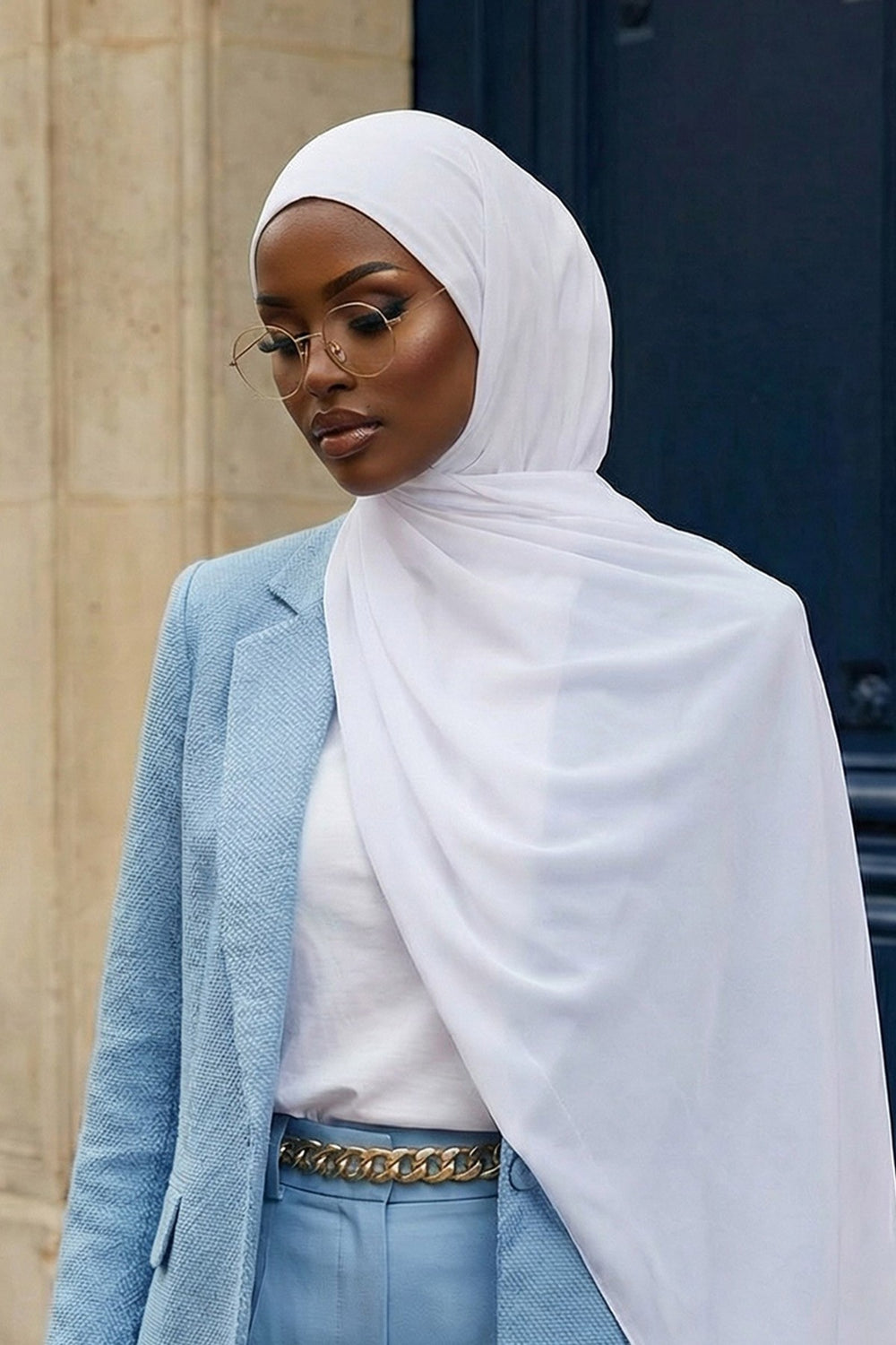 Ready to Wear One-Piece Chiffon Shawl Hijab with Built-In Cotton Undercap, Easy Modest Scarf for Women,PS-53 White