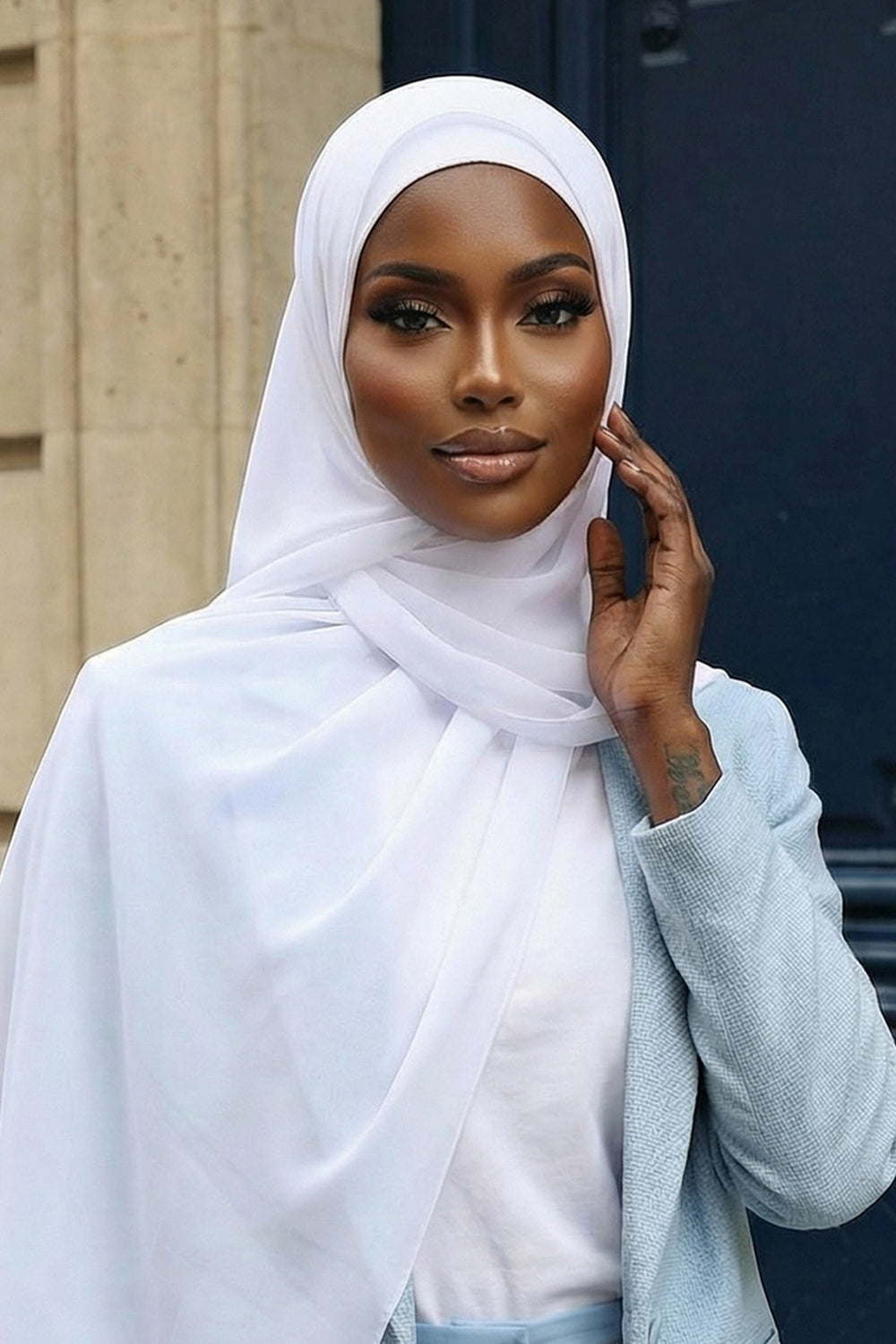 Ready to Wear One-Piece Chiffon Shawl Hijab with Built-In Cotton Undercap, Easy Modest Scarf for Women,PS-53 White