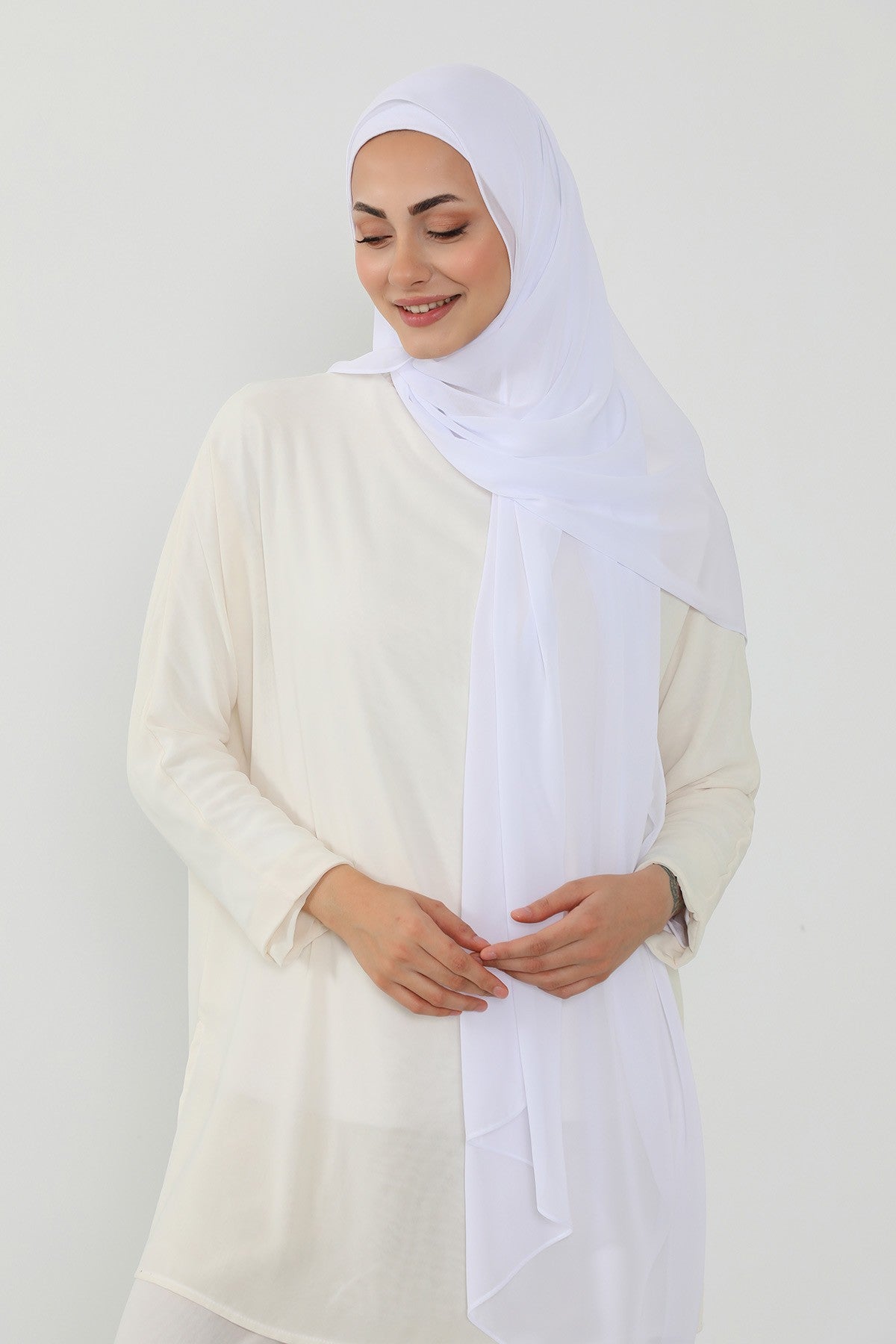 Ready to Wear One-Piece Chiffon Shawl Hijab with Built-In Cotton Undercap, Easy Modest Scarf for Women,PS-53 White