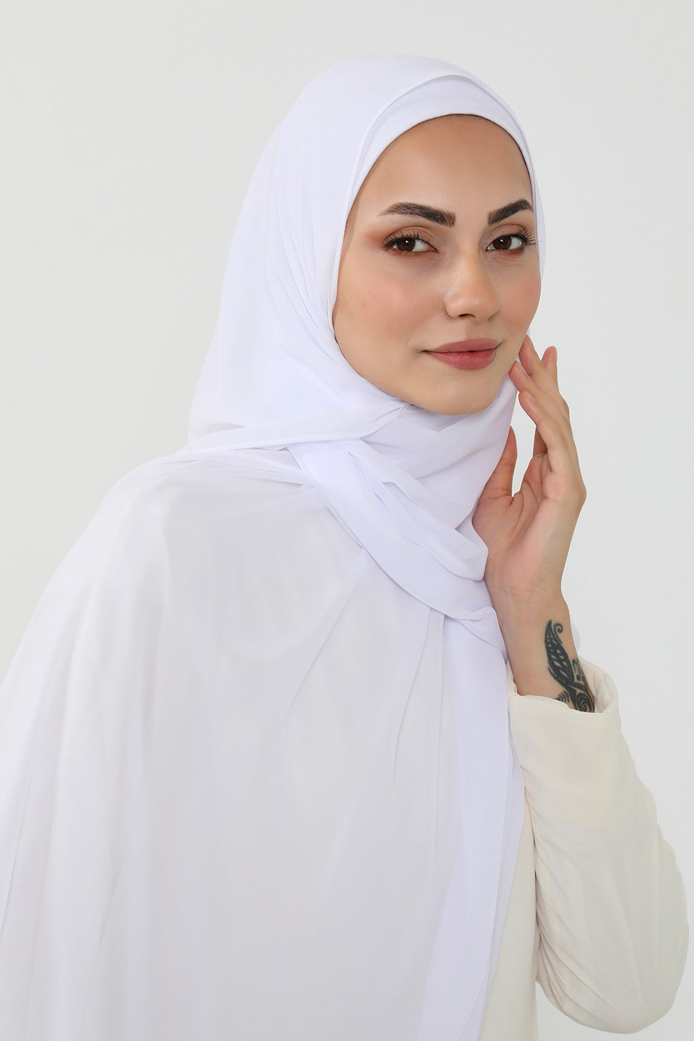 Ready to Wear One-Piece Chiffon Shawl Hijab with Built-In Cotton Undercap, Easy Modest Scarf for Women,PS-53 White