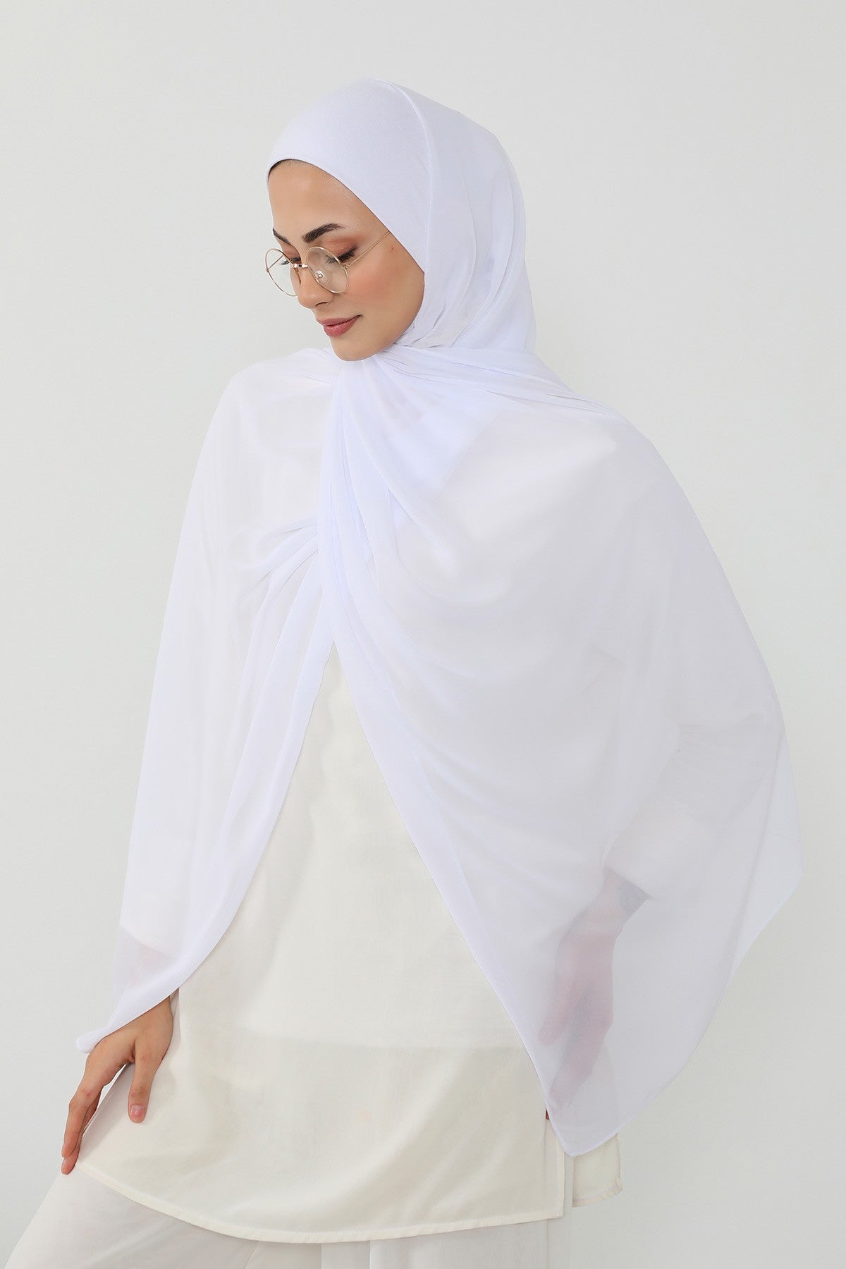 Ready to Wear One-Piece Chiffon Shawl Hijab with Built-In Cotton Undercap, Easy Modest Scarf for Women,PS-53 White