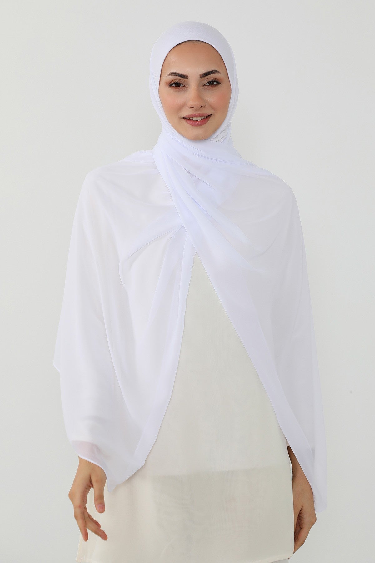 Ready to Wear One-Piece Chiffon Shawl Hijab with Built-In Cotton Undercap, Easy Modest Scarf for Women,PS-53 White