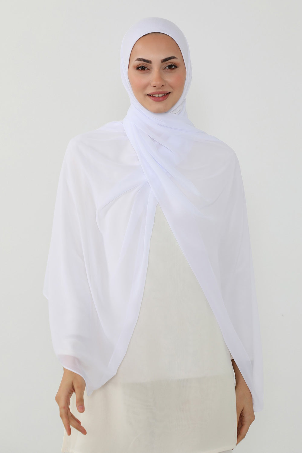 Ready to Wear One-Piece Chiffon Shawl Hijab with Built-In Cotton Undercap, Easy Modest Scarf for Women,PS-53 White