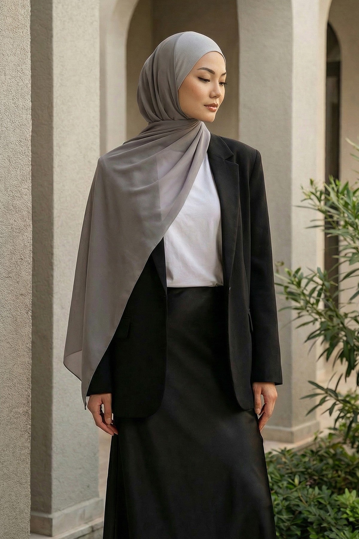 Ready to Wear One-Piece Chiffon Shawl Hijab with Built-In Cotton Undercap, Easy Modest Scarf for Women,PS-53 Grey