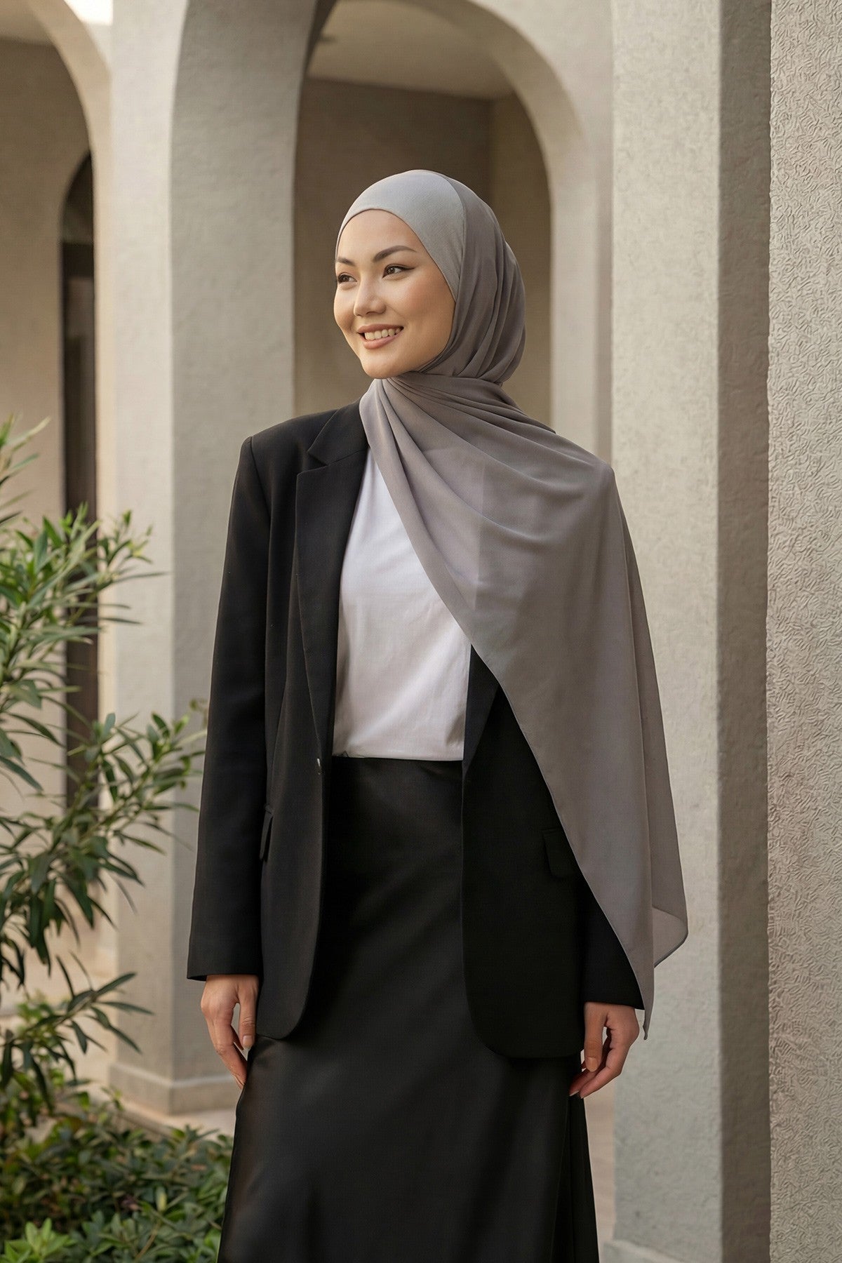 Ready to Wear One-Piece Chiffon Shawl Hijab with Built-In Cotton Undercap, Easy Modest Scarf for Women,PS-53 Grey