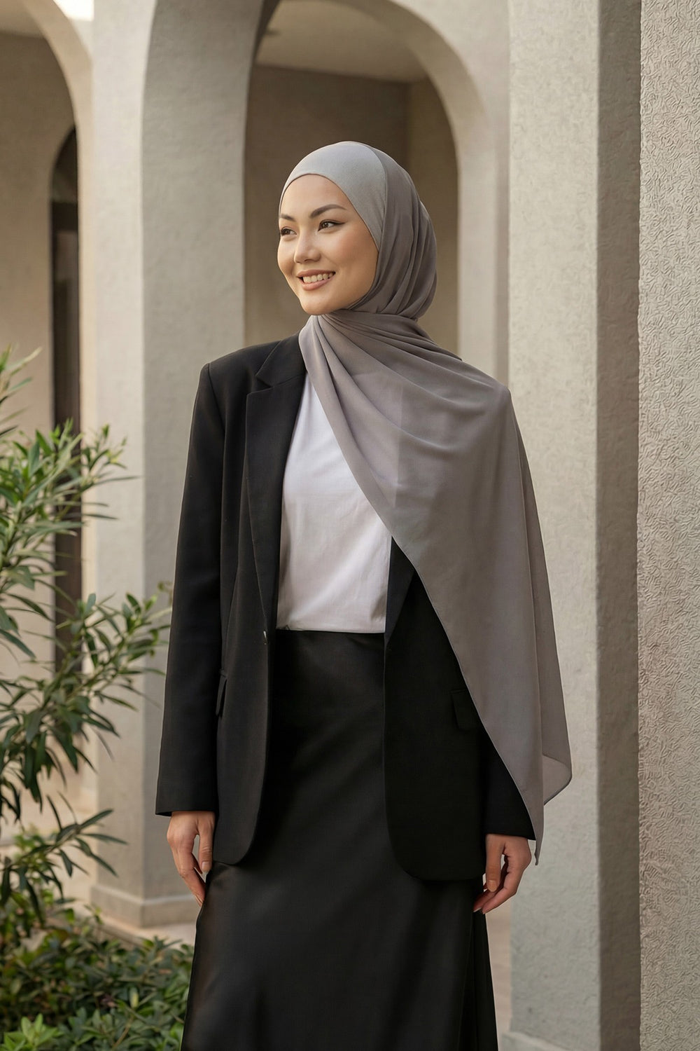 Ready to Wear One-Piece Chiffon Shawl Hijab with Built-In Cotton Undercap, Easy Modest Scarf for Women,PS-53 Grey
