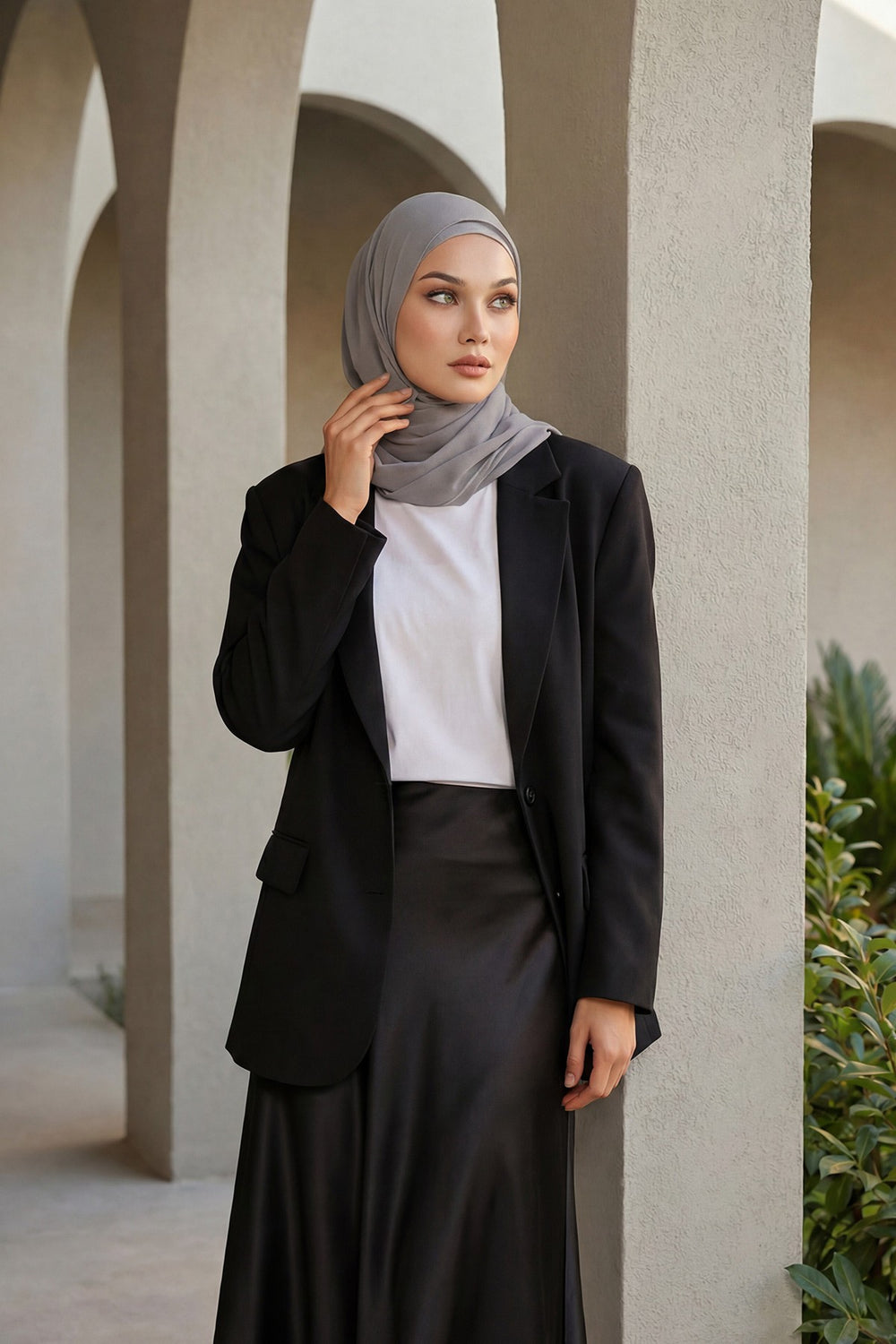 Ready to Wear One-Piece Chiffon Shawl Hijab with Built-In Cotton Undercap, Easy Modest Scarf for Women,PS-53 Grey