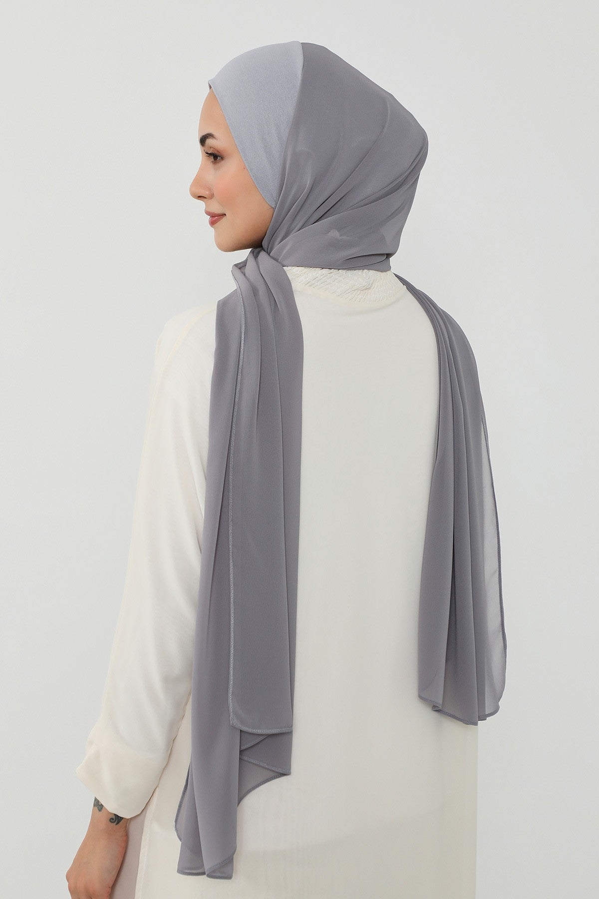 Ready to Wear One-Piece Chiffon Shawl Hijab with Built-In Cotton Undercap, Easy Modest Scarf for Women,PS-53 Grey