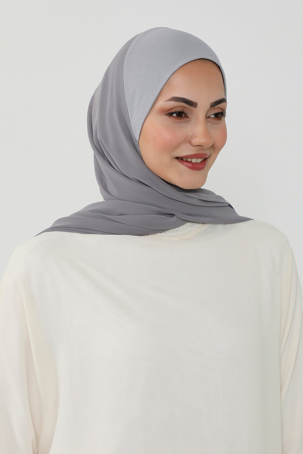 Ready to Wear One-Piece Chiffon Shawl Hijab with Built-In Cotton Undercap, Easy Modest Scarf for Women,PS-53 Grey