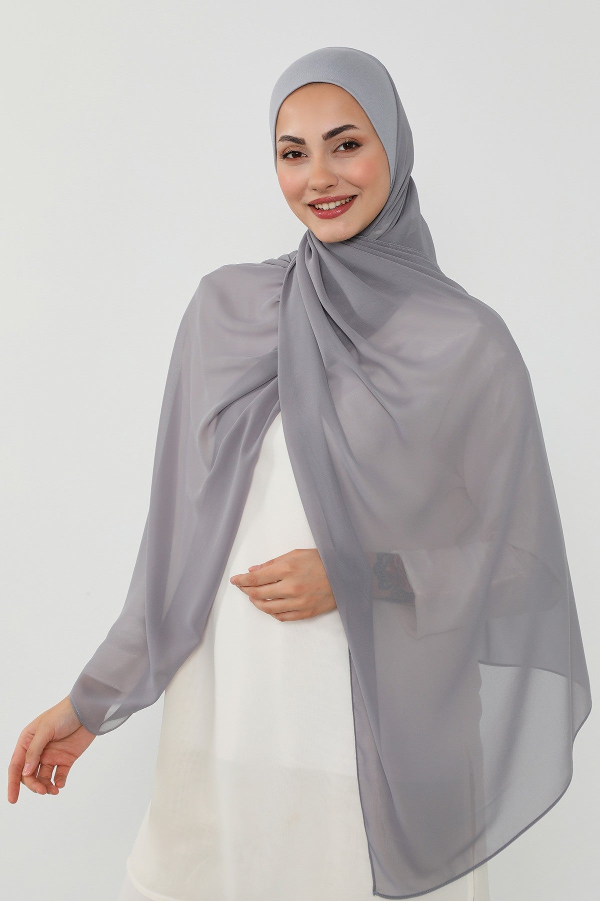 Ready to Wear One-Piece Chiffon Shawl Hijab with Built-In Cotton Undercap, Easy Modest Scarf for Women,PS-53 Grey