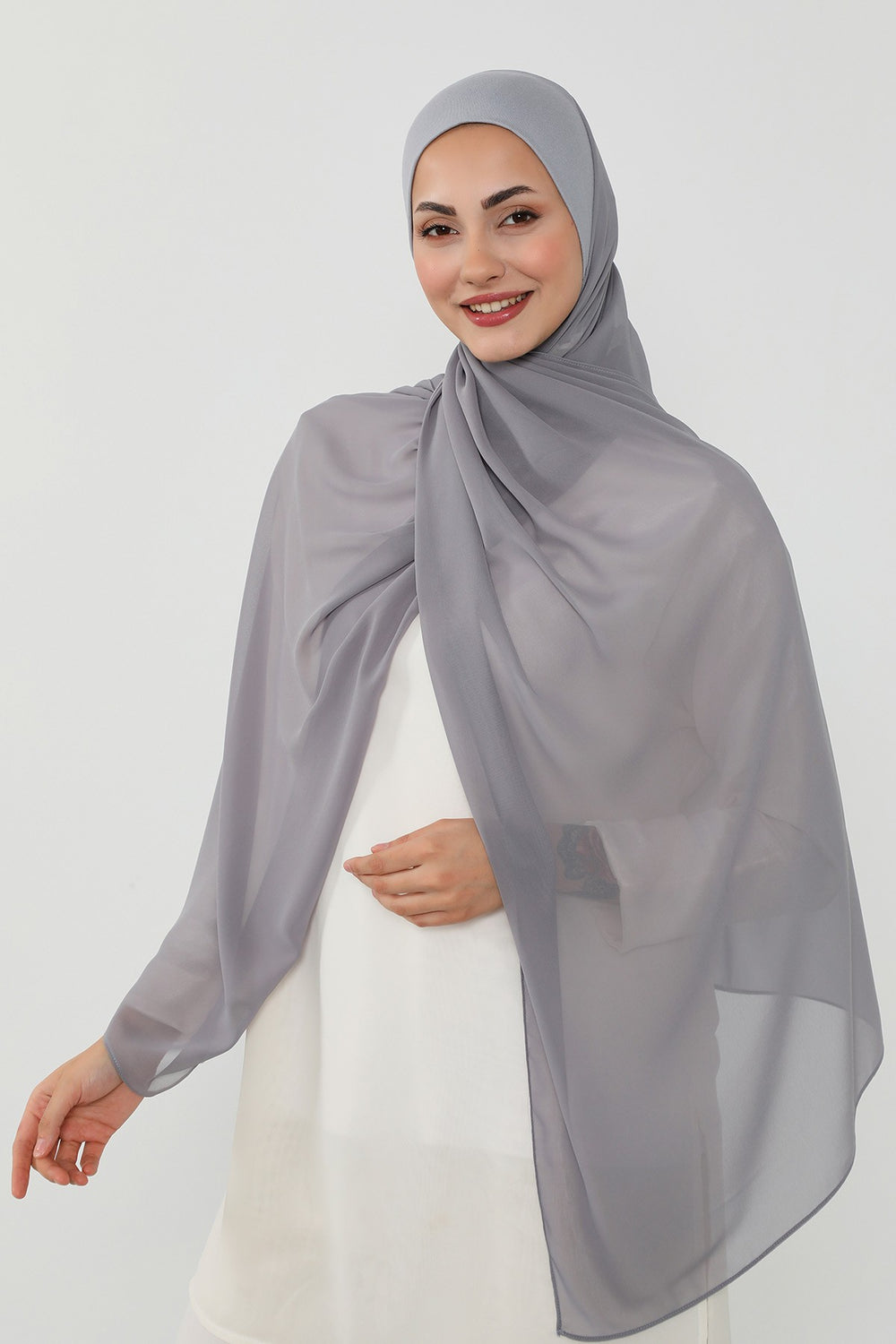 Ready to Wear One-Piece Chiffon Shawl Hijab with Built-In Cotton Undercap, Easy Modest Scarf for Women,PS-53 Grey