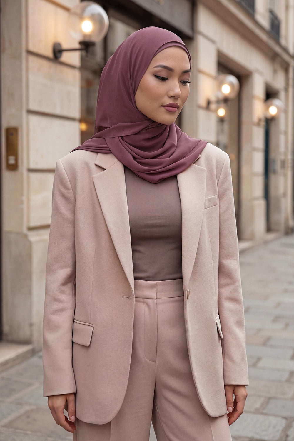 Ready to Wear One-Piece Chiffon Shawl Hijab with Built-In Cotton Undercap, Easy Modest Scarf for Women,PS-53 Dusty Rose