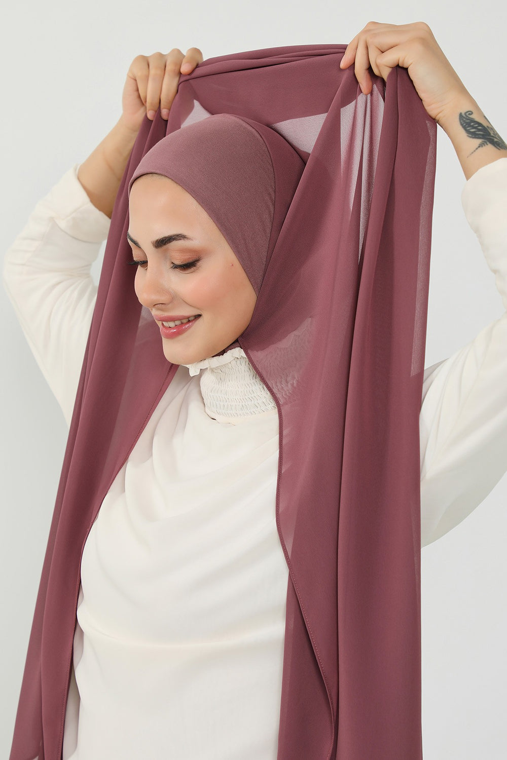 Ready to Wear One-Piece Chiffon Shawl Hijab with Built-In Cotton Undercap, Easy Modest Scarf for Women,PS-53 Dusty Rose