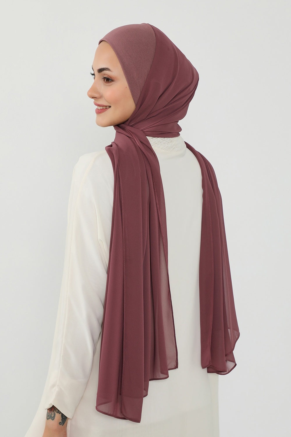 Ready to Wear One-Piece Chiffon Shawl Hijab with Built-In Cotton Undercap, Easy Modest Scarf for Women,PS-53 Dusty Rose