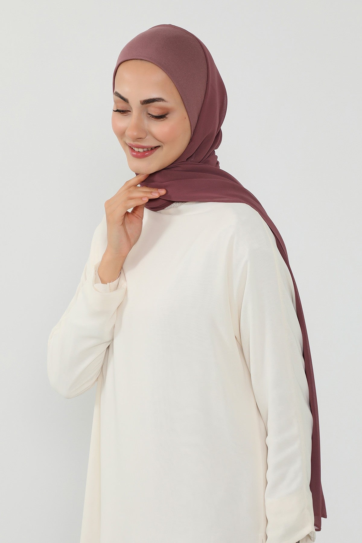 Ready to Wear One-Piece Chiffon Shawl Hijab with Built-In Cotton Undercap, Easy Modest Scarf for Women,PS-53 Dusty Rose