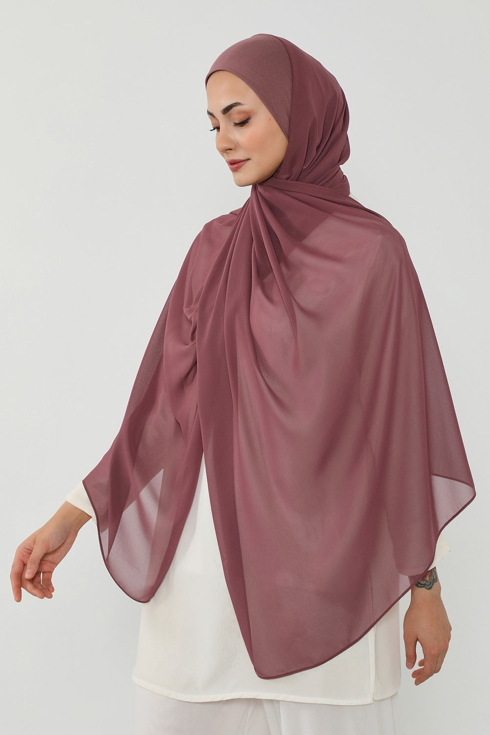 Ready to Wear One-Piece Chiffon Shawl Hijab with Built-In Cotton Undercap, Easy Modest Scarf for Women,PS-53 Dusty Rose