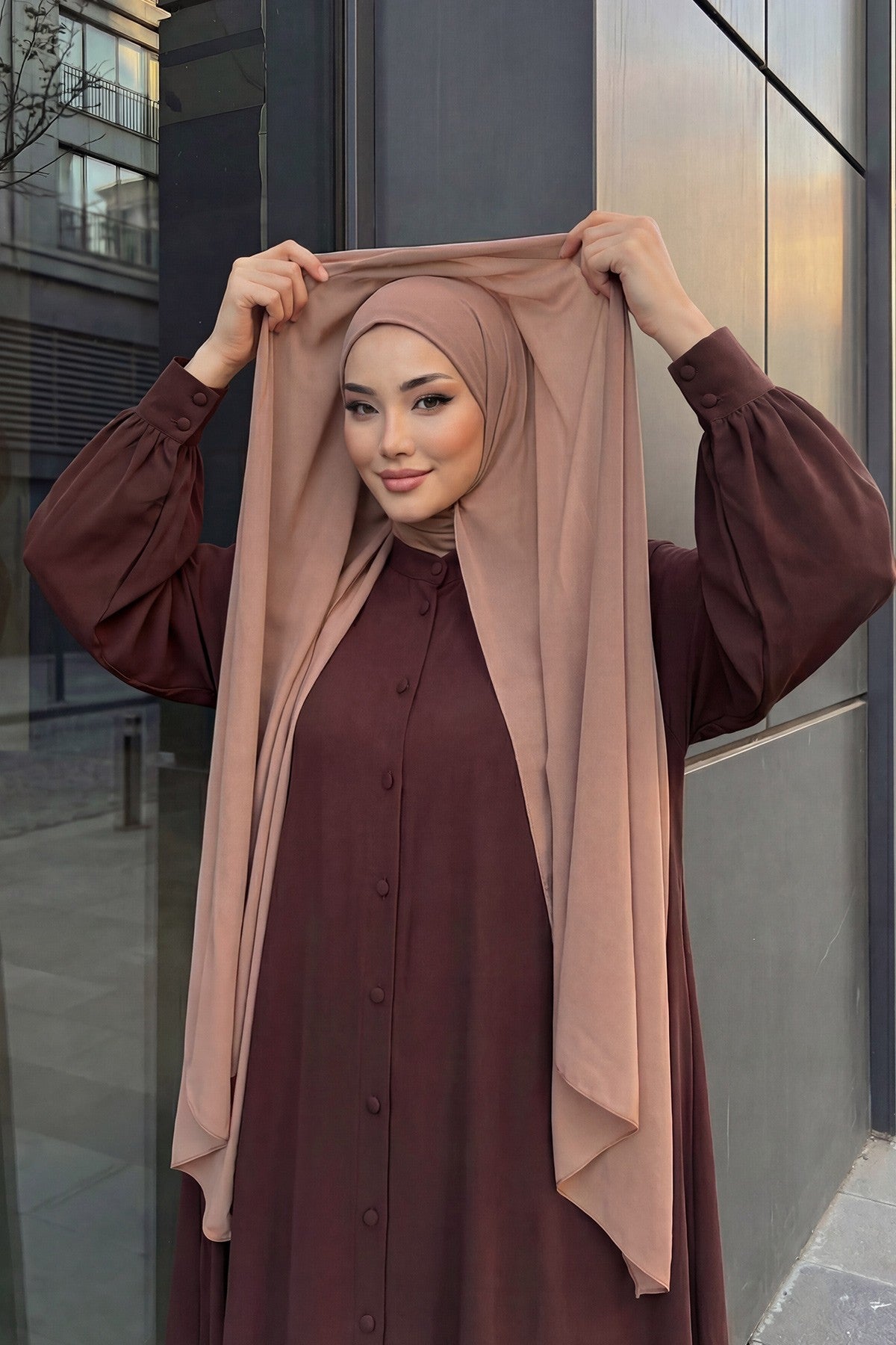 Ready to Wear One-Piece Chiffon Shawl Hijab with Built-In Cotton Undercap, Easy Modest Scarf for Women,PS-53 Dark Mink