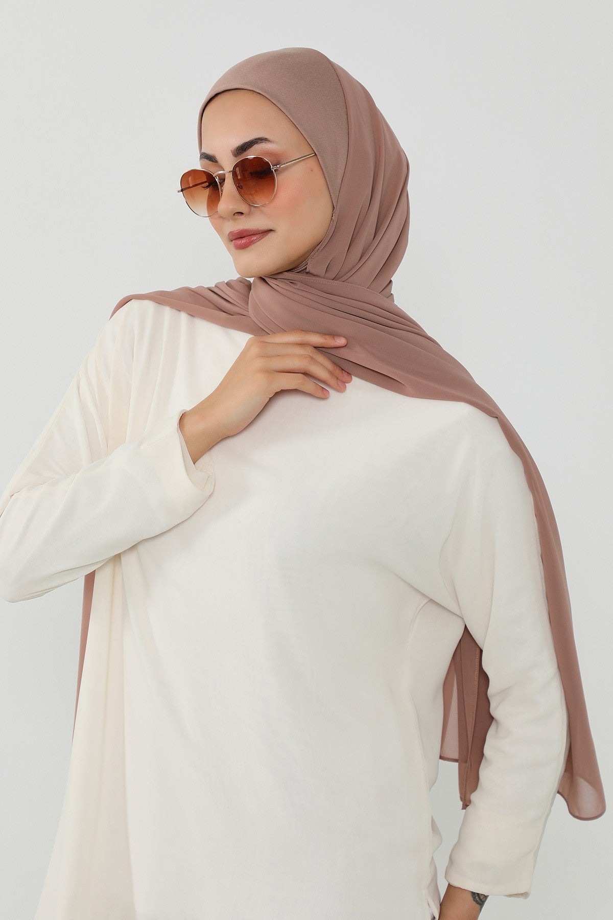 Ready to Wear One-Piece Chiffon Shawl Hijab with Built-In Cotton Undercap, Easy Modest Scarf for Women,PS-53 Dark Mink