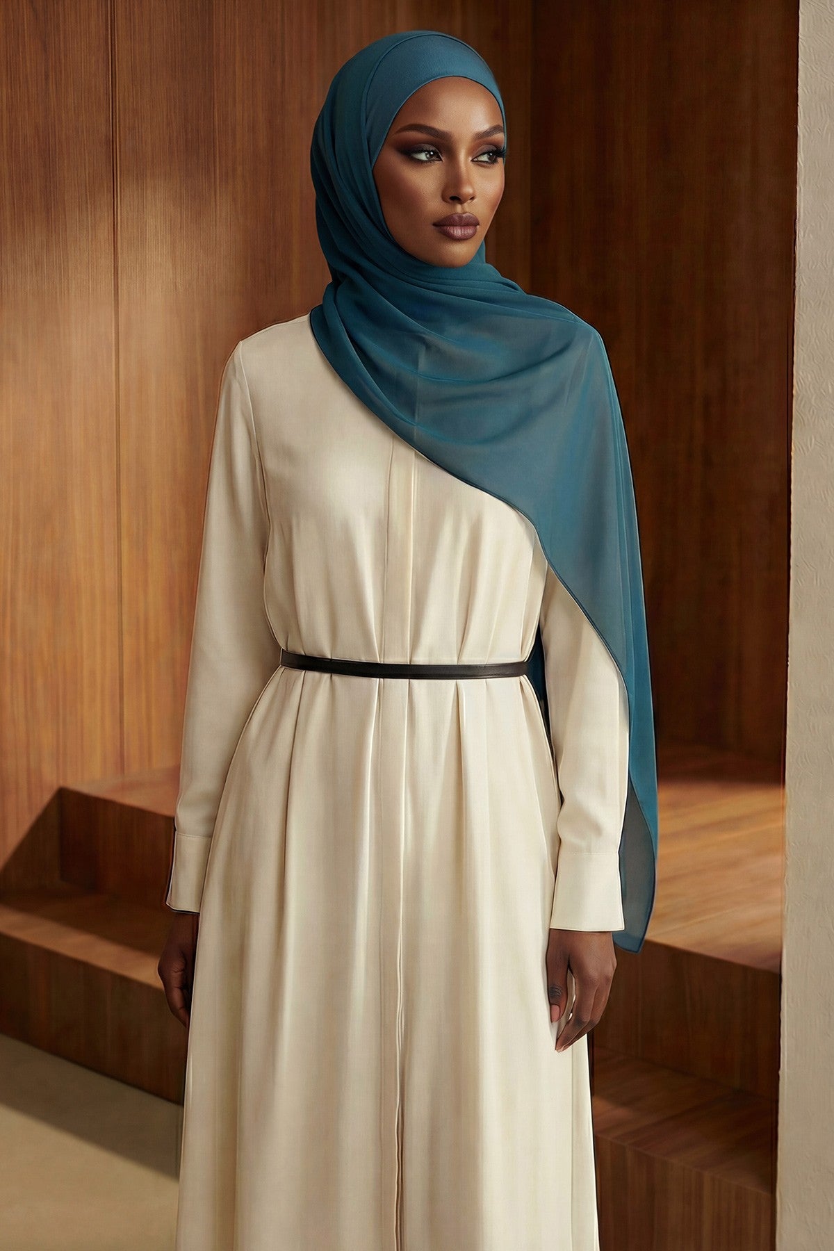 Ready to Wear One-Piece Chiffon Shawl Hijab with Built-In Cotton Undercap, Easy Modest Scarf for Women,PS-53 Petrol Blue