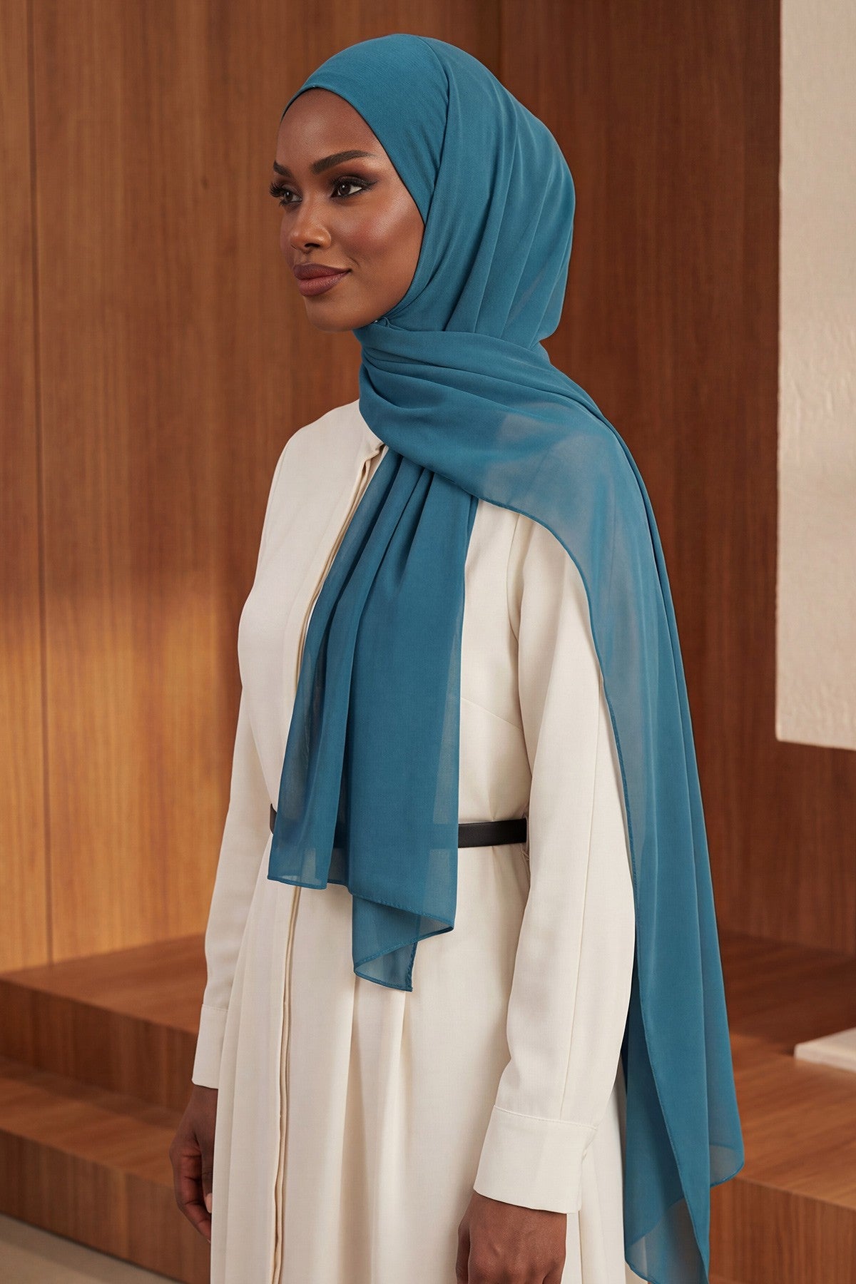 Ready to Wear One-Piece Chiffon Shawl Hijab with Built-In Cotton Undercap, Easy Modest Scarf for Women,PS-53 Petrol Blue