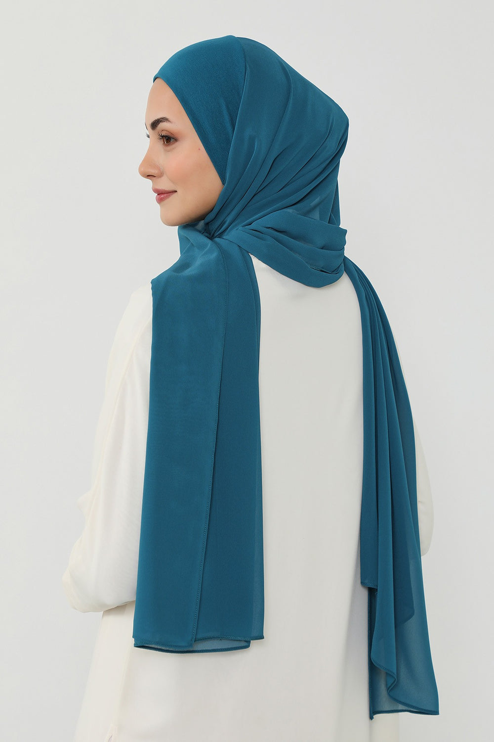 Ready to Wear One-Piece Chiffon Shawl Hijab with Built-In Cotton Undercap, Easy Modest Scarf for Women,PS-53 Petrol Blue