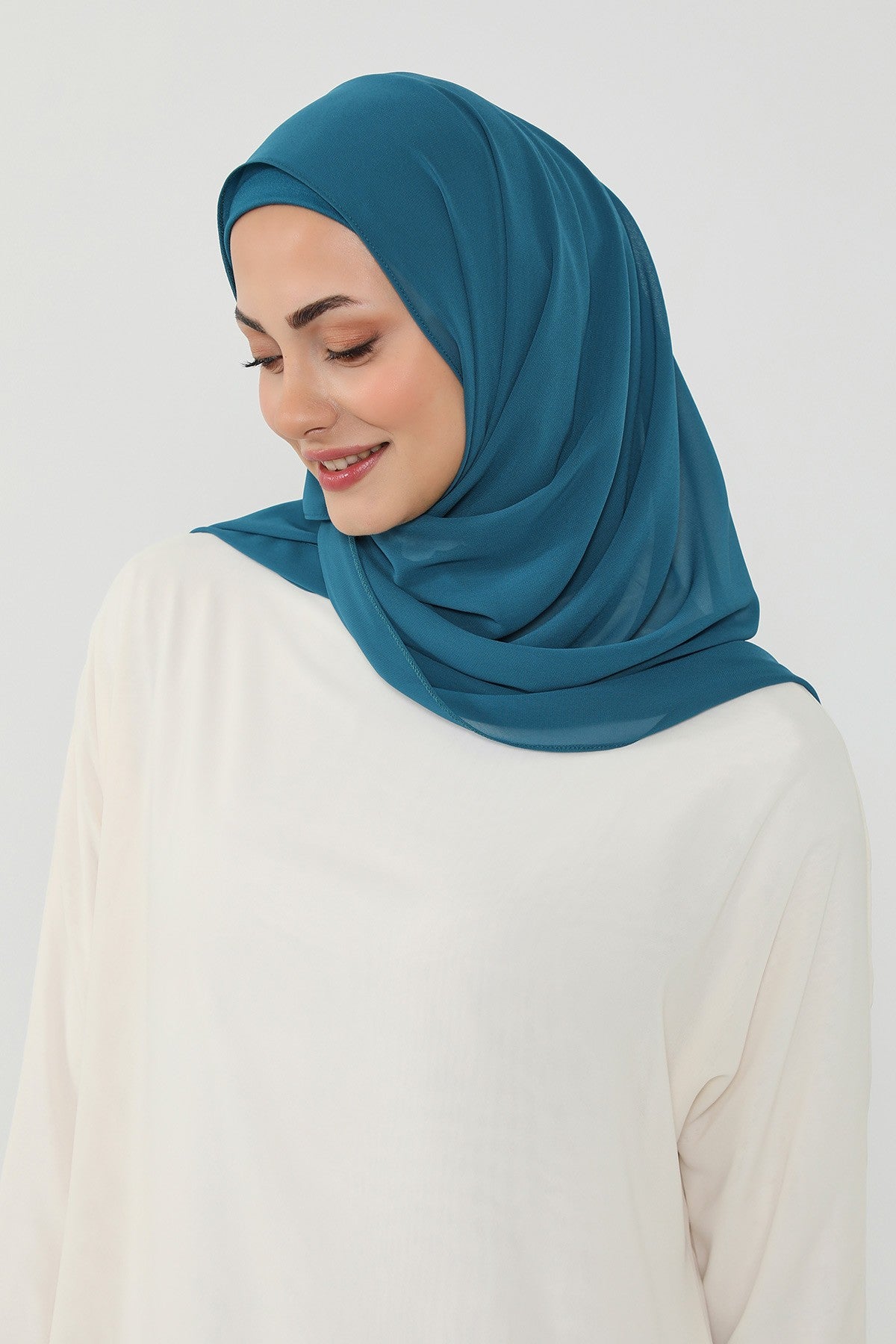 Ready to Wear One-Piece Chiffon Shawl Hijab with Built-In Cotton Undercap, Easy Modest Scarf for Women,PS-53 Petrol Blue