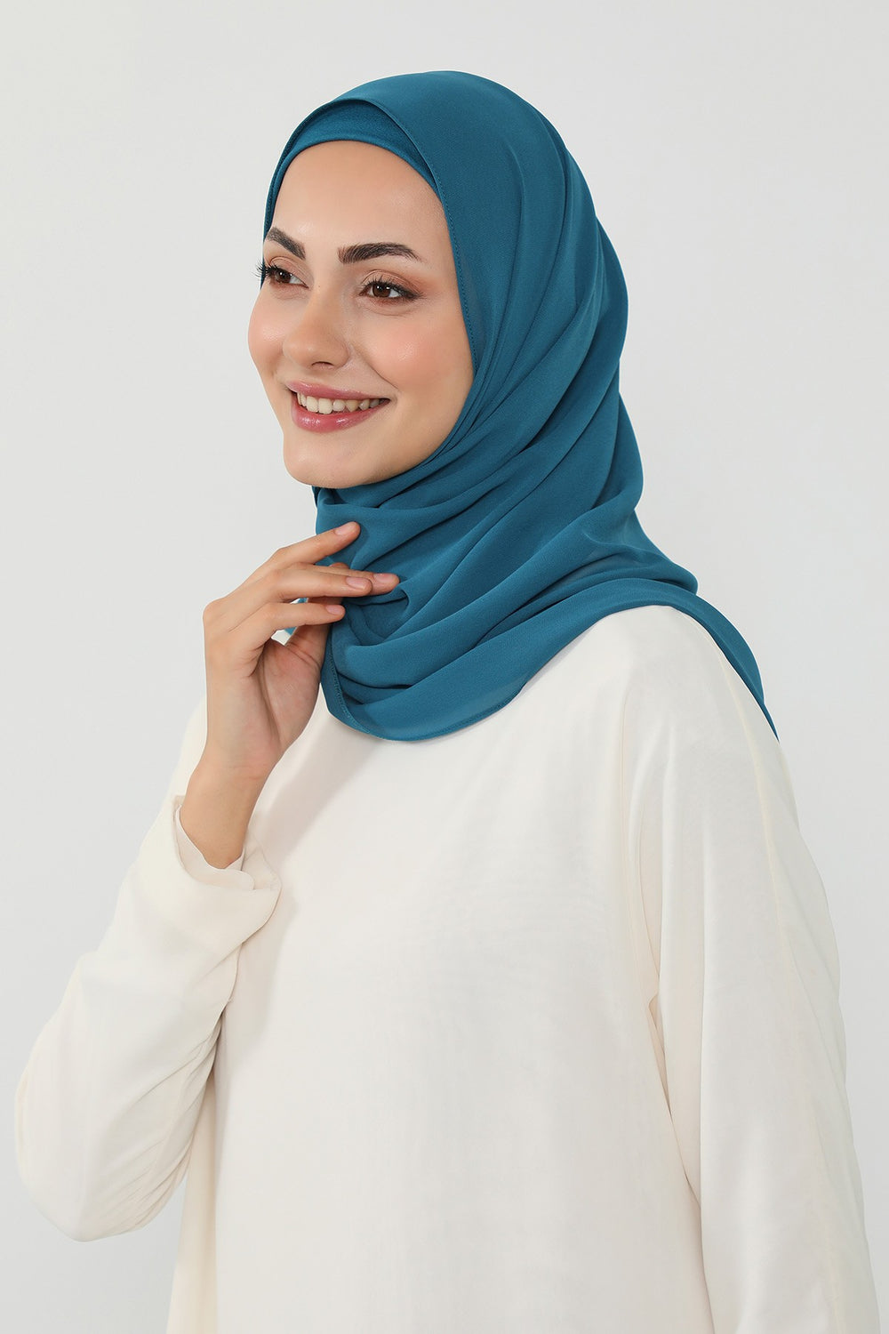 Ready to Wear One-Piece Chiffon Shawl Hijab with Built-In Cotton Undercap, Easy Modest Scarf for Women,PS-53 Petrol Blue