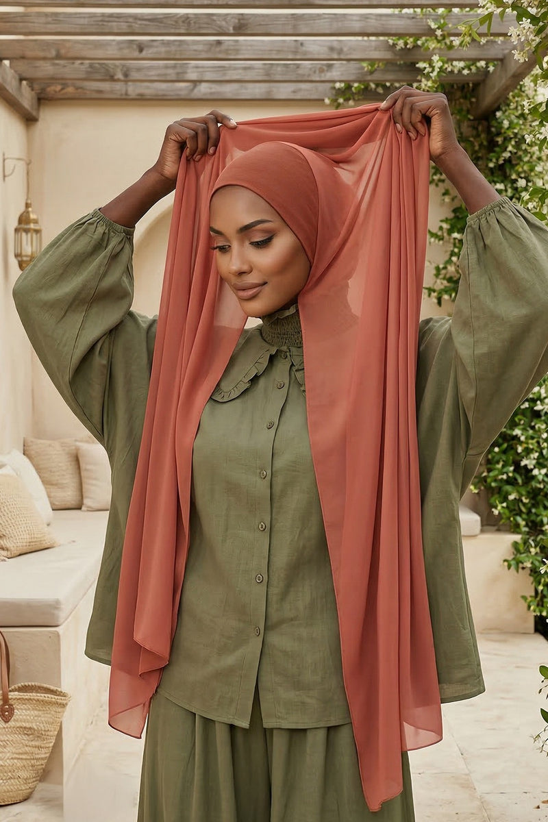 Ready to Wear One-Piece Chiffon Shawl Hijab with Built-In Cotton Undercap, Easy Modest Scarf for Women,PS-53