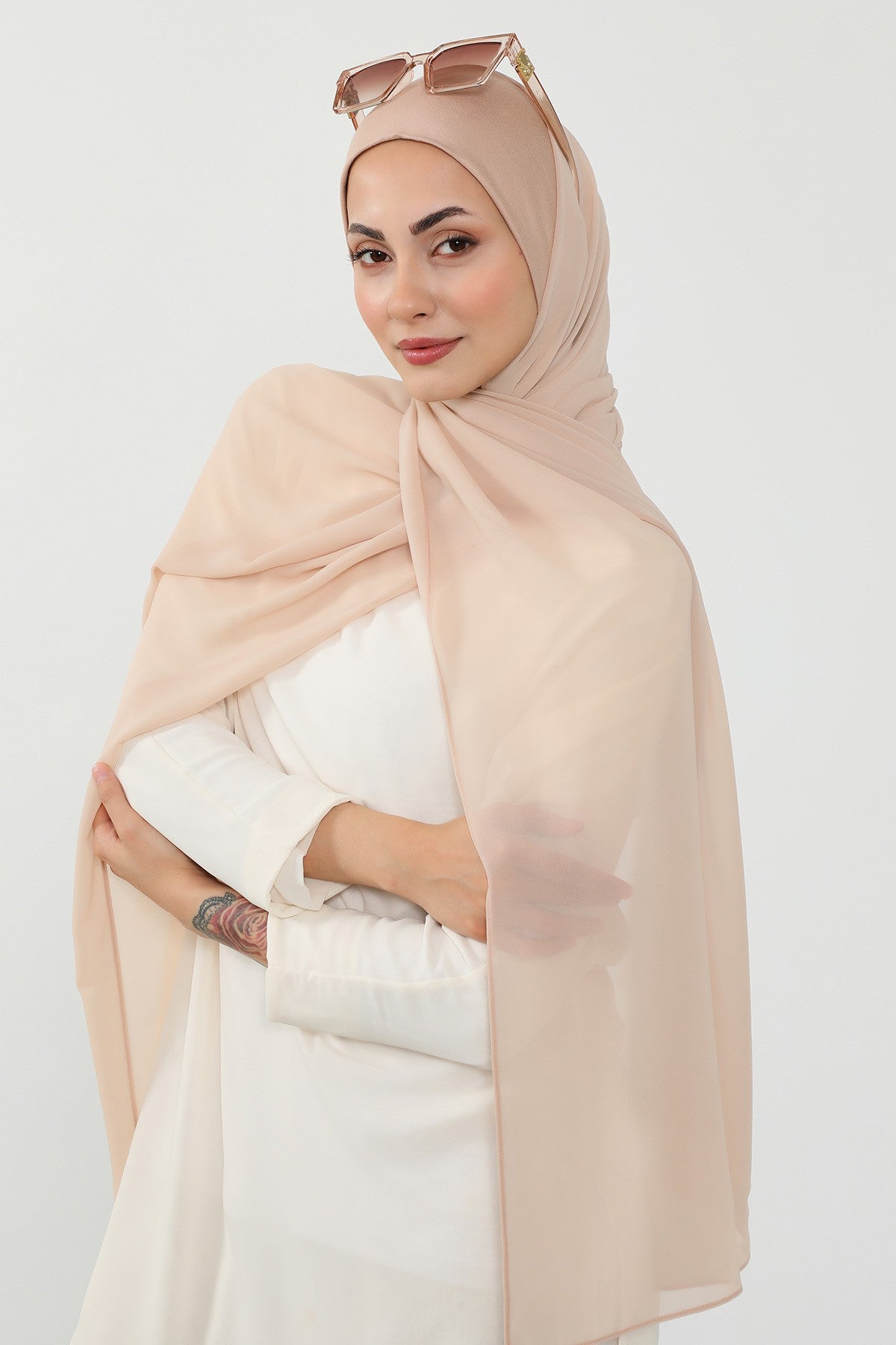 Ready to Wear One-Piece Chiffon Shawl Hijab with Built-In Cotton Undercap, Easy Modest Scarf for Women,PS-53 Light Mink