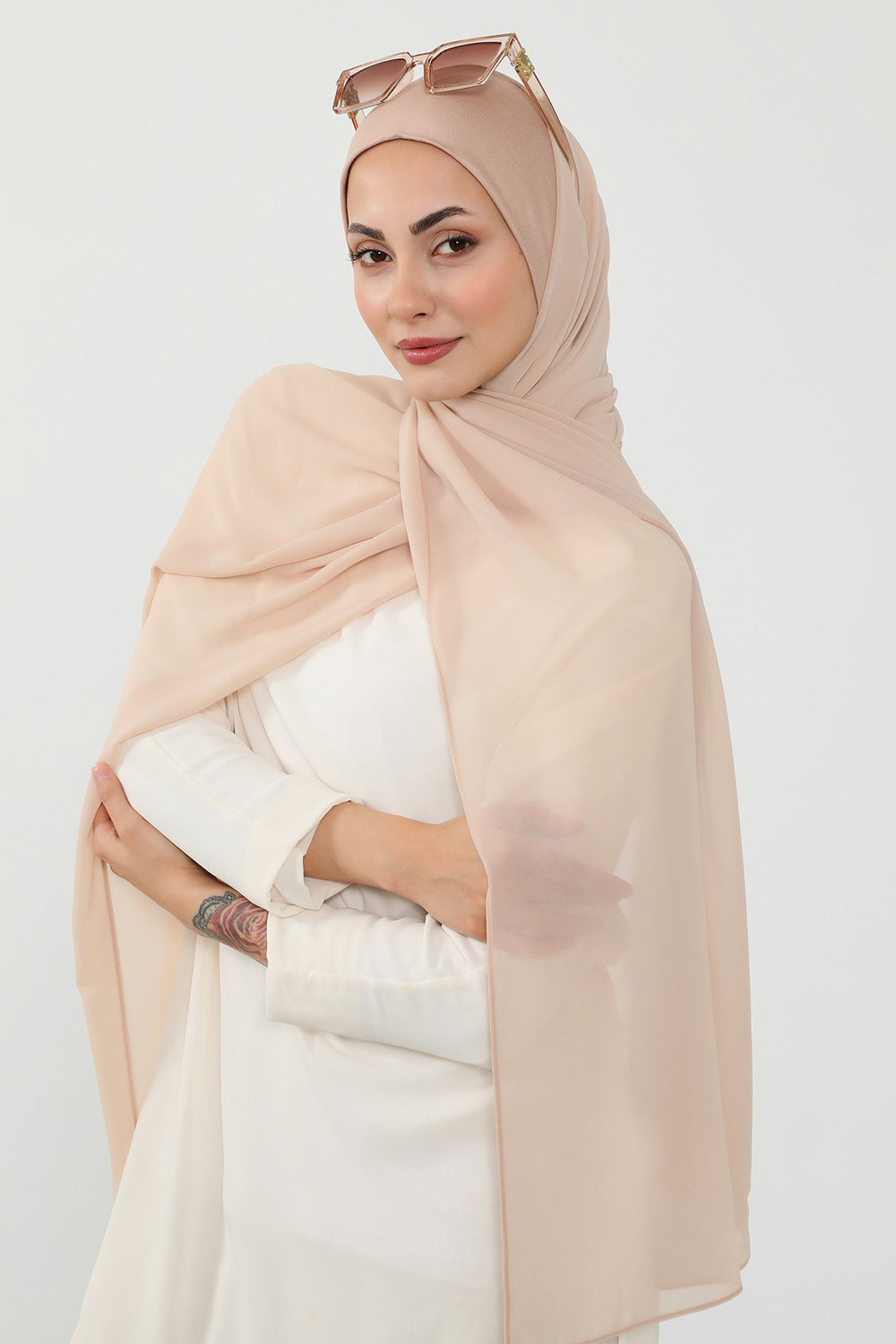Ready to Wear One-Piece Chiffon Shawl Hijab with Built-In Cotton Undercap, Easy Modest Scarf for Women,PS-53 Light Mink