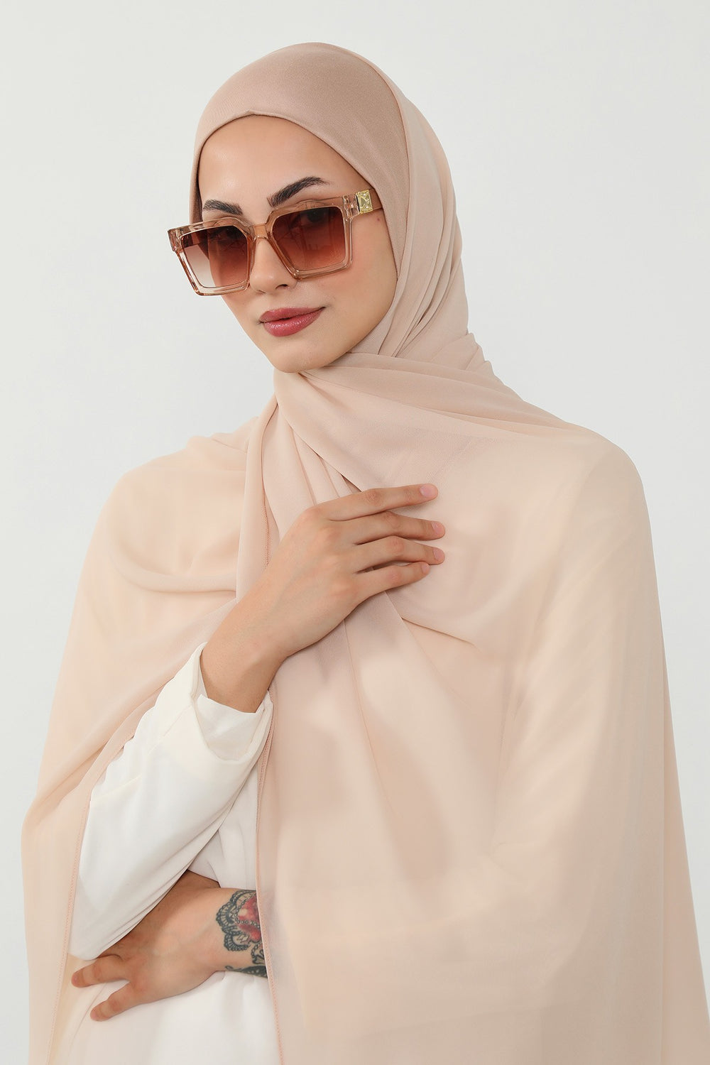 Ready to Wear One-Piece Chiffon Shawl Hijab with Built-In Cotton Undercap, Easy Modest Scarf for Women,PS-53 Light Mink