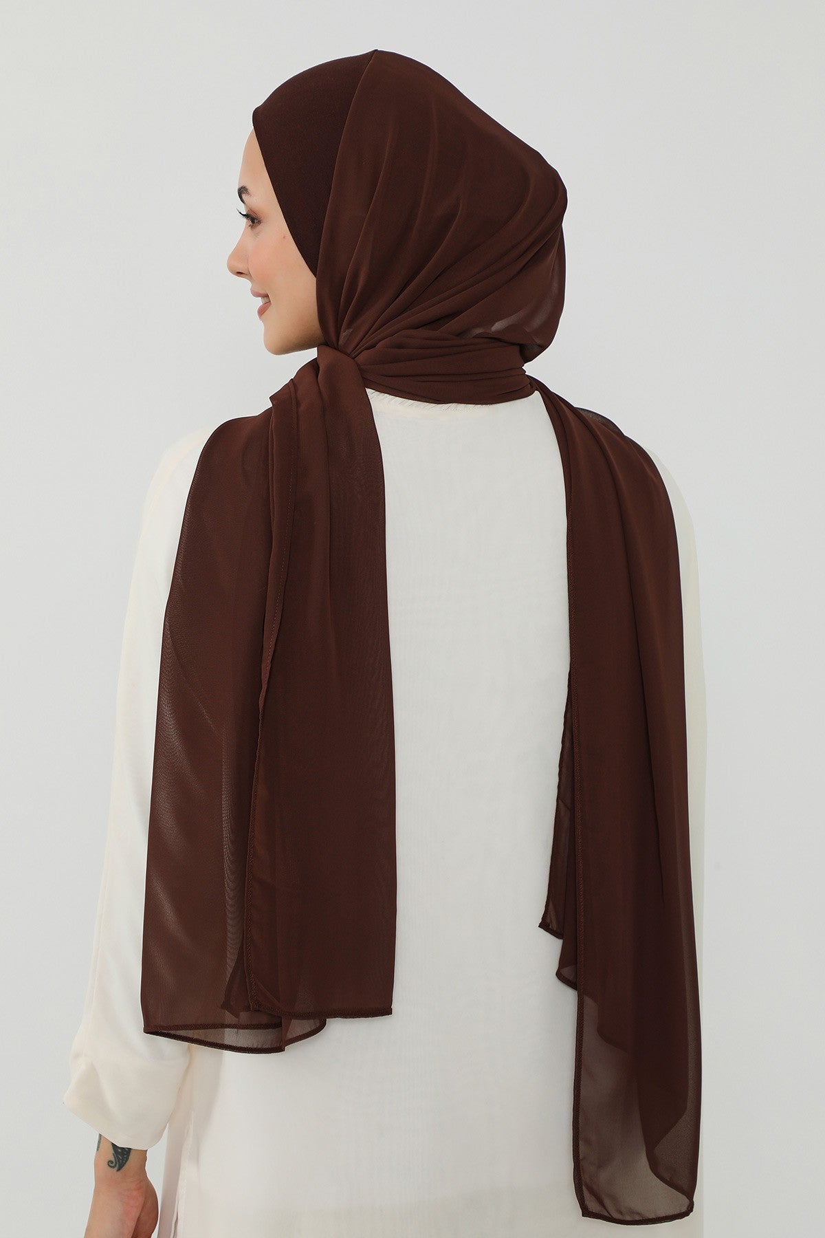 Ready to Wear One-Piece Chiffon Shawl Hijab with Built-In Cotton Undercap, Easy Modest Scarf for Women,PS-53 Brown