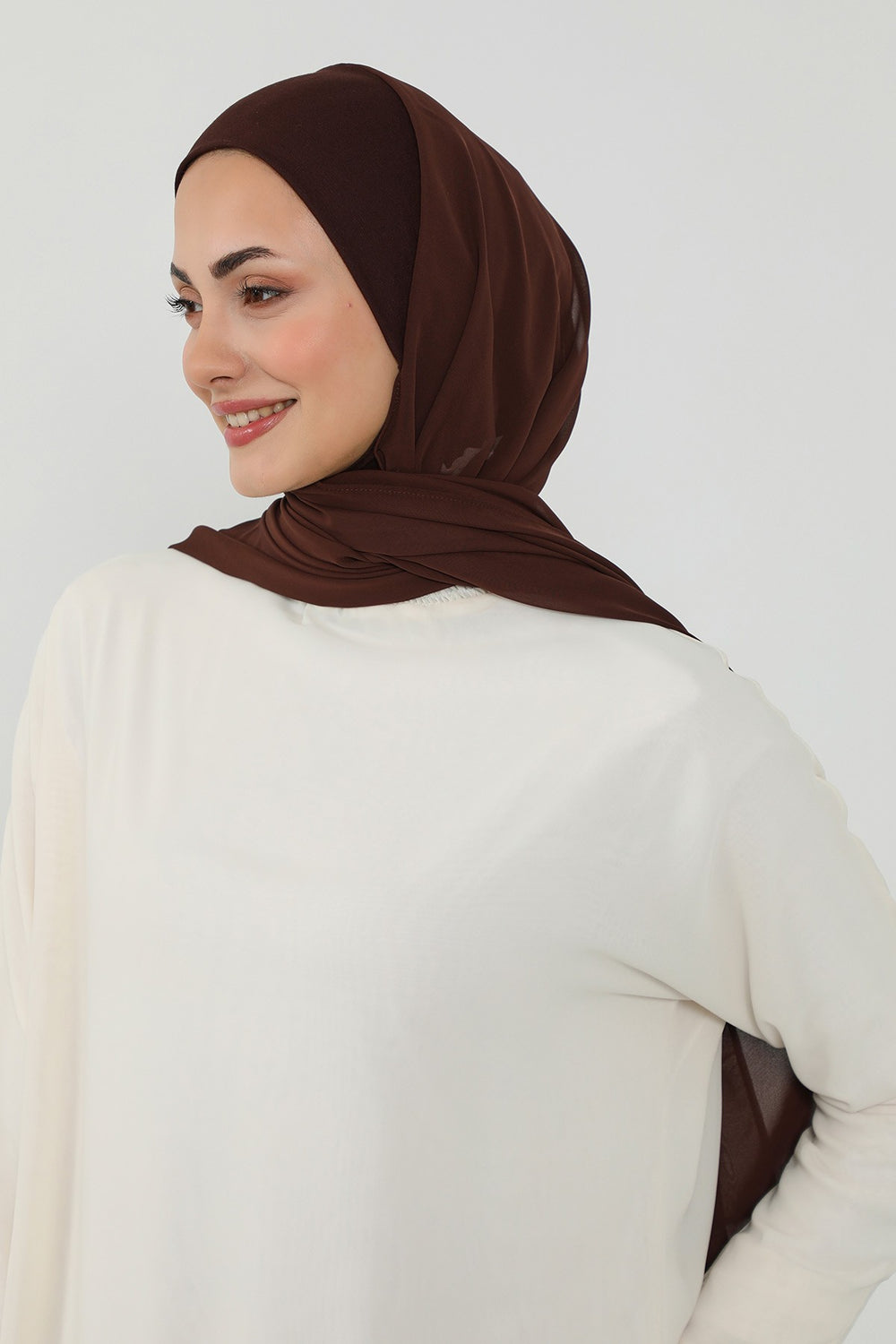 Ready to Wear One-Piece Chiffon Shawl Hijab with Built-In Cotton Undercap, Easy Modest Scarf for Women,PS-53 Brown