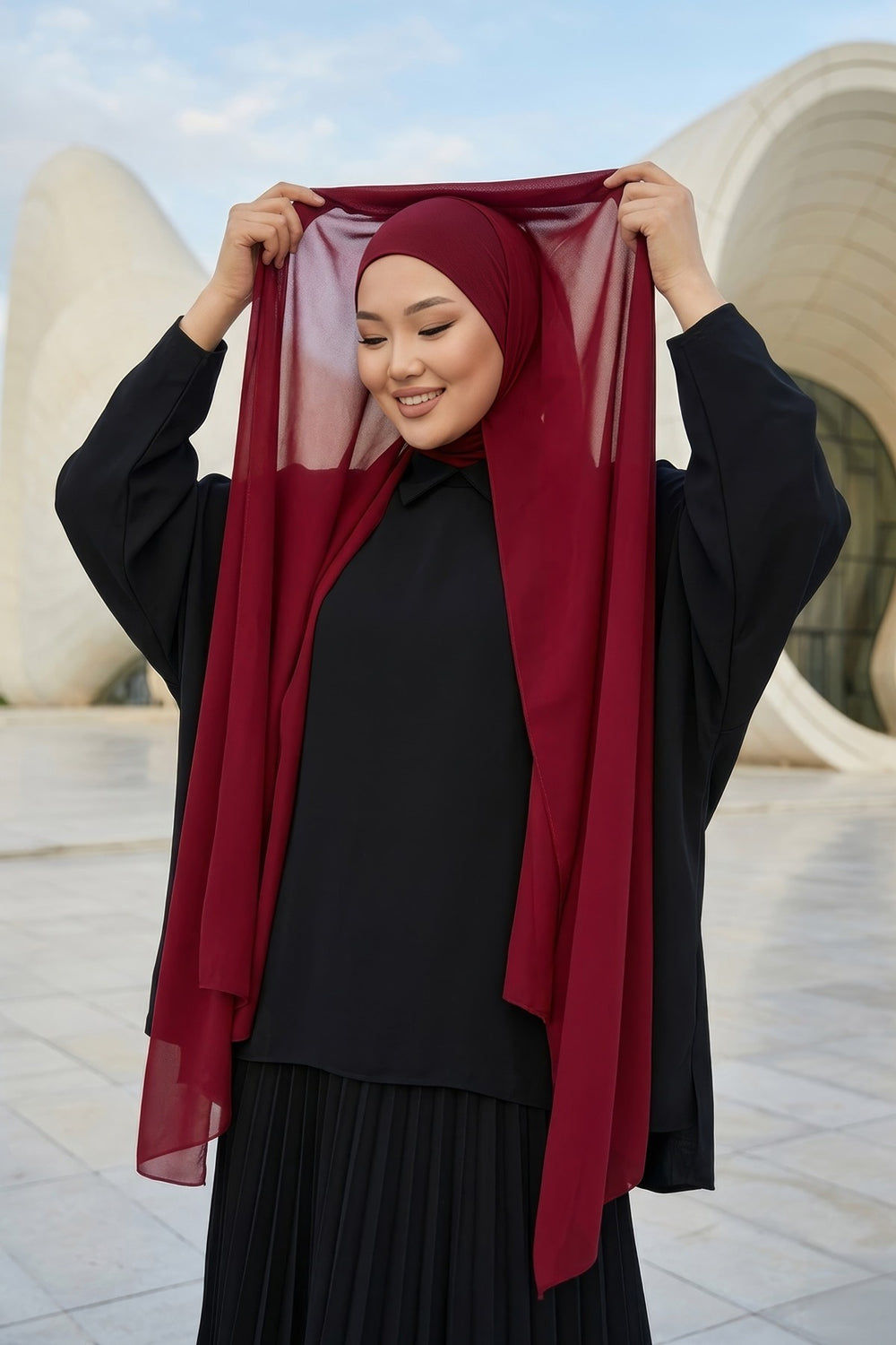 Ready to Wear One-Piece Chiffon Shawl Hijab with Built-In Cotton Undercap, Easy Modest Scarf for Women,PS-53 Maroon