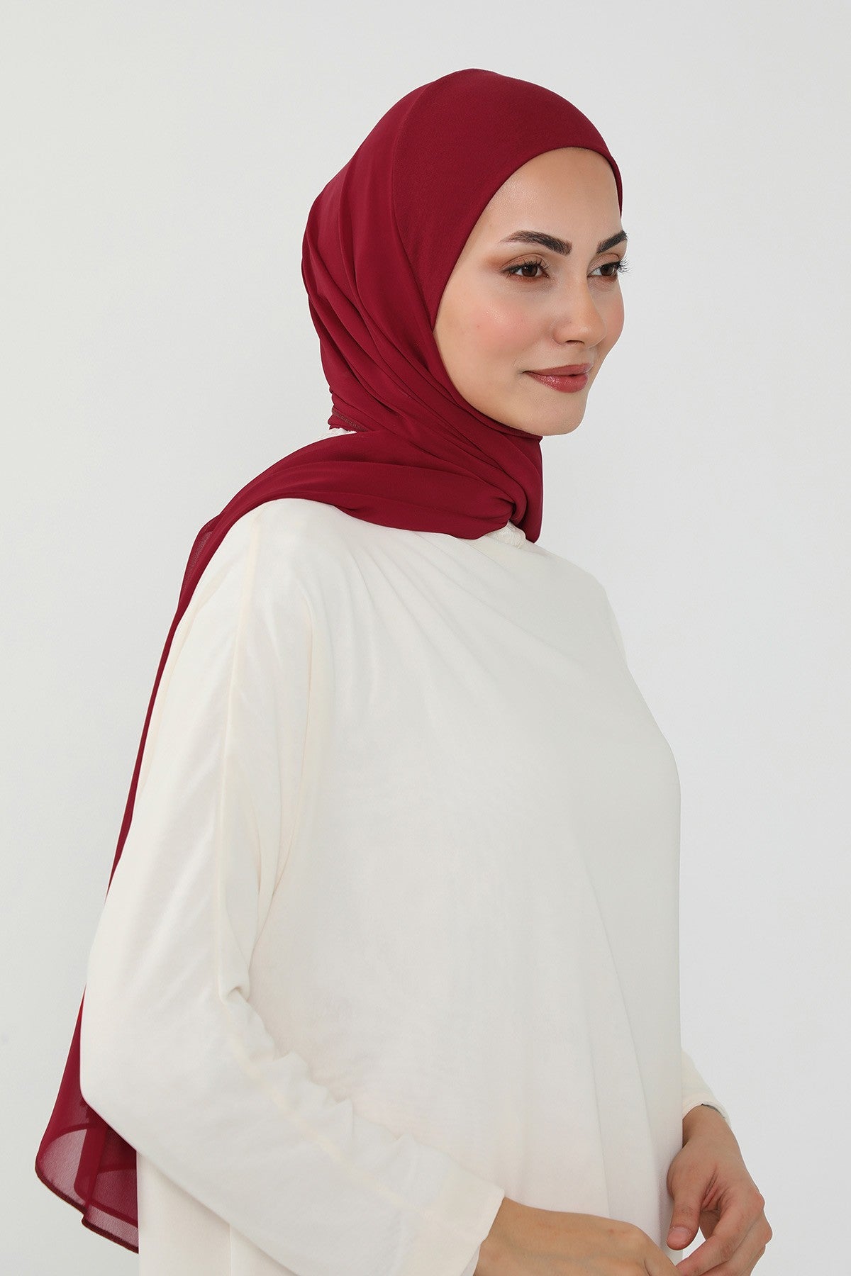 Ready to Wear One-Piece Chiffon Shawl Hijab with Built-In Cotton Undercap, Easy Modest Scarf for Women,PS-53 Maroon